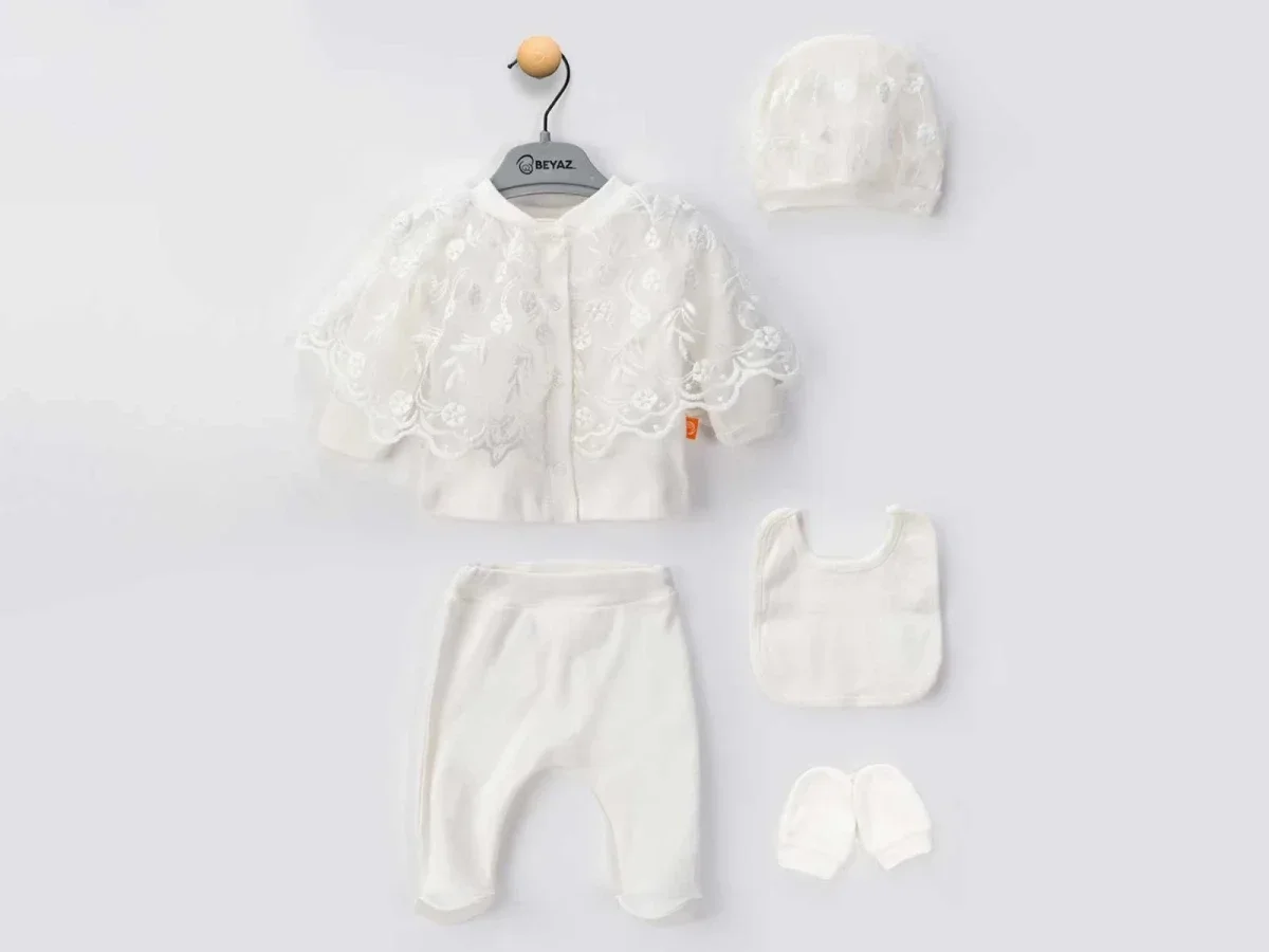 White Lace Floral Embroidered Baby Girl Hospital Exit 5-Piece Set - Beyaz Bebek - by Peralane