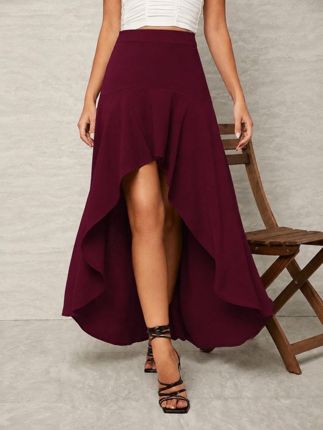 Women's High-Waist Asymmetric Ruffle Skirt in Deep Red - Janes - by Peralane