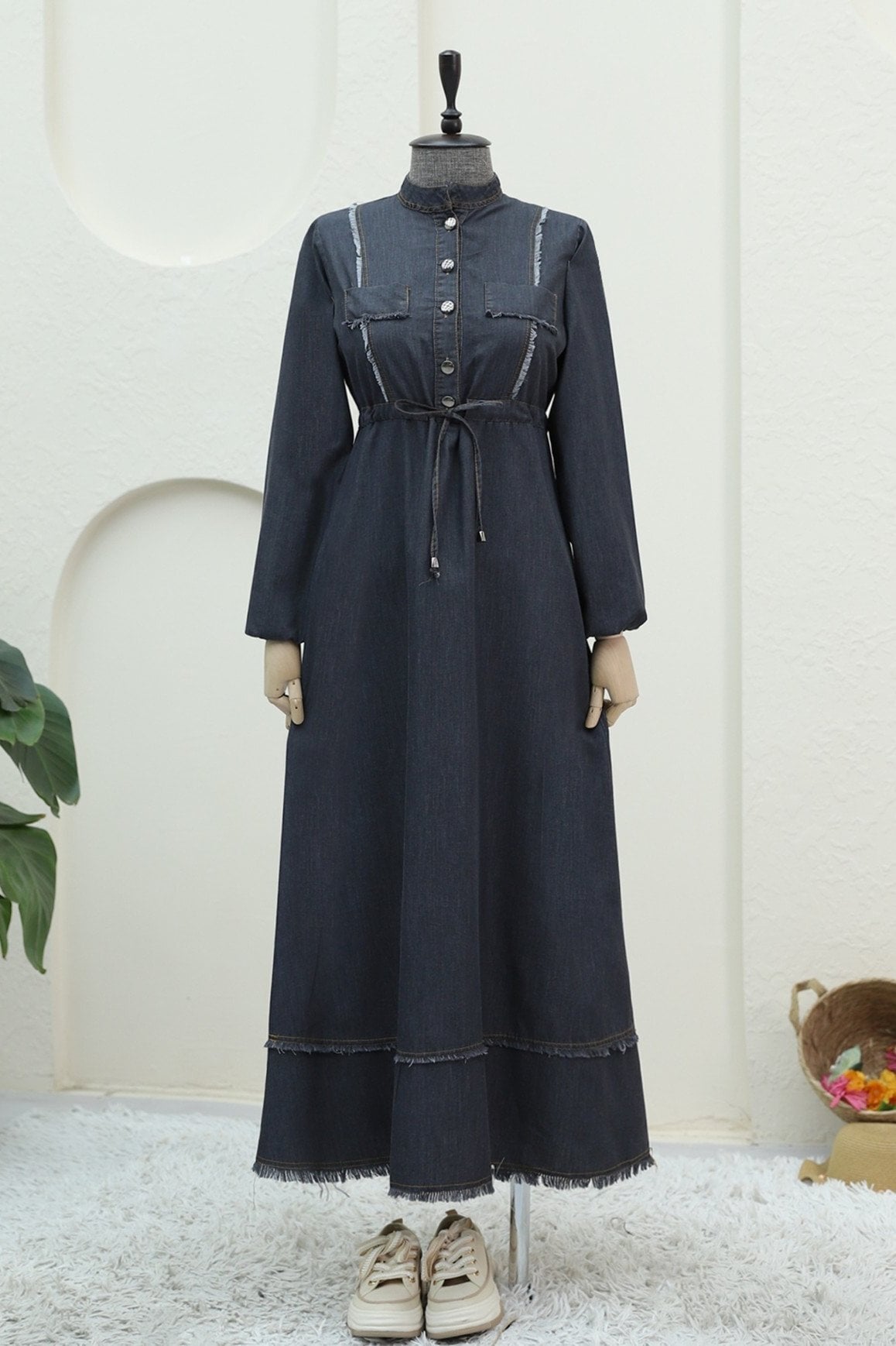 Half-Button Denim Dress with Fringe Details and Tunnel Lacing - Black - Podyumplus - by Peralane - photo 7