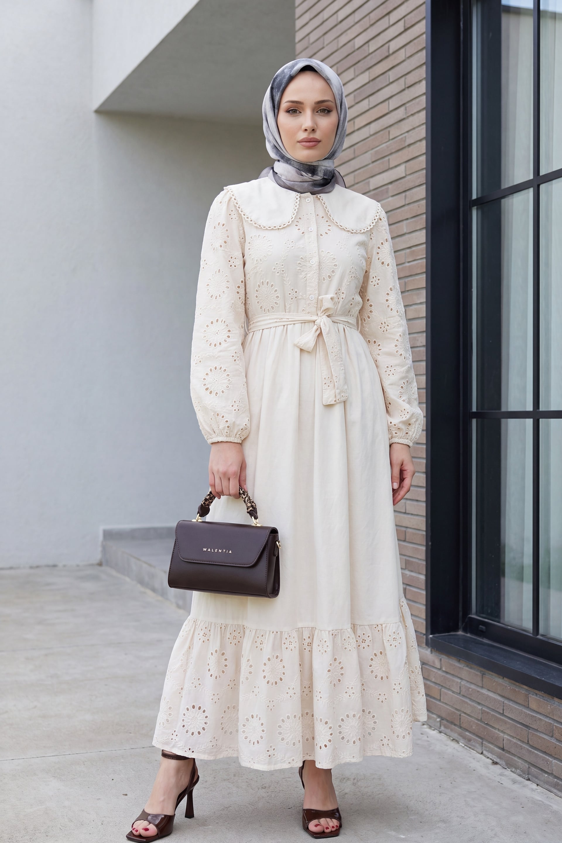 Peter Pan Collar Half Button Eyelet Dress - Beige - Podyumplus - by Peralane - photo 4