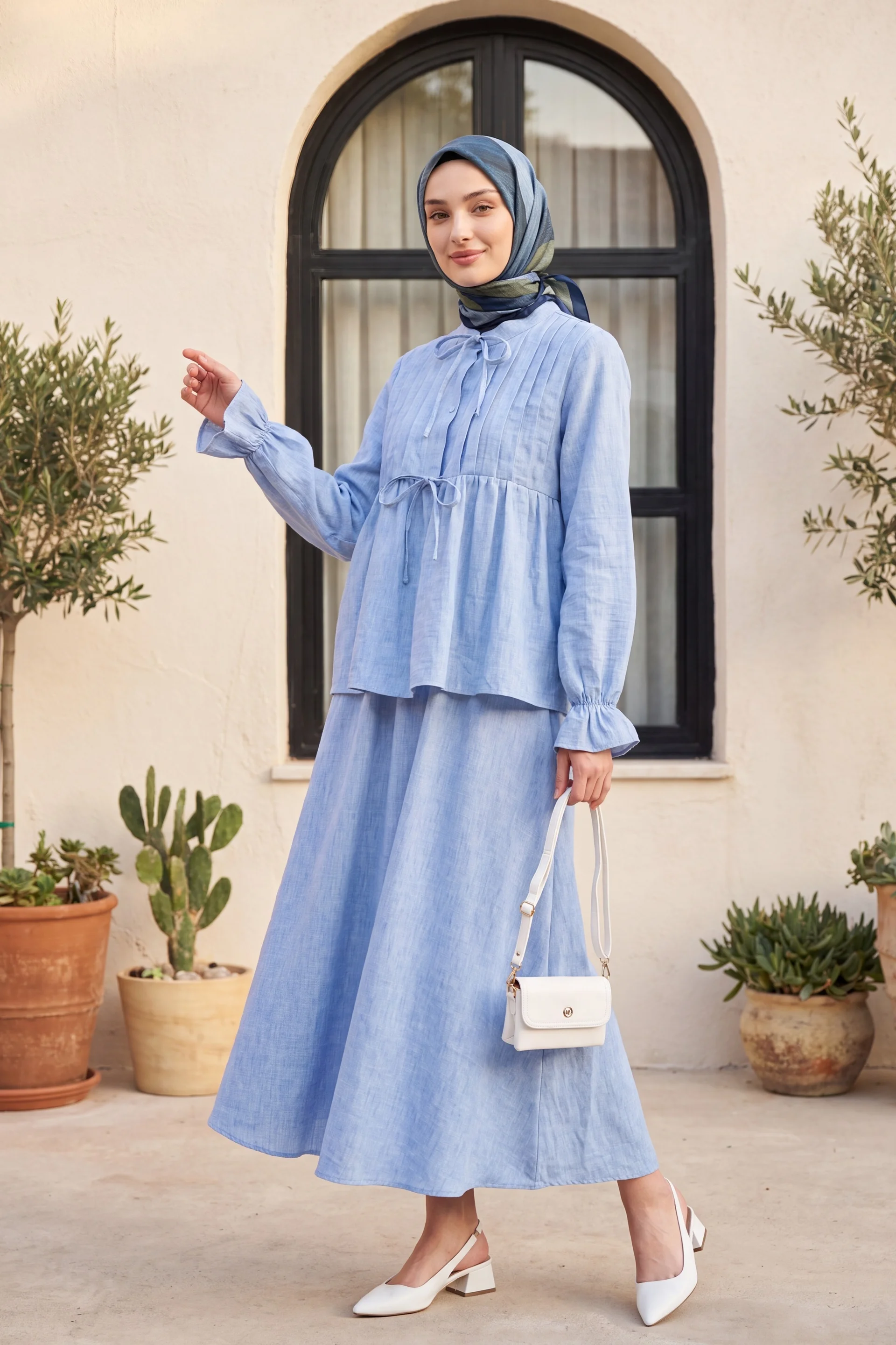 Women's Half-Button Linen Look Two-Piece Set with Tie Waist and Elasticated Cuffs - Blue - Podyumplus - by Peralane - photo 2