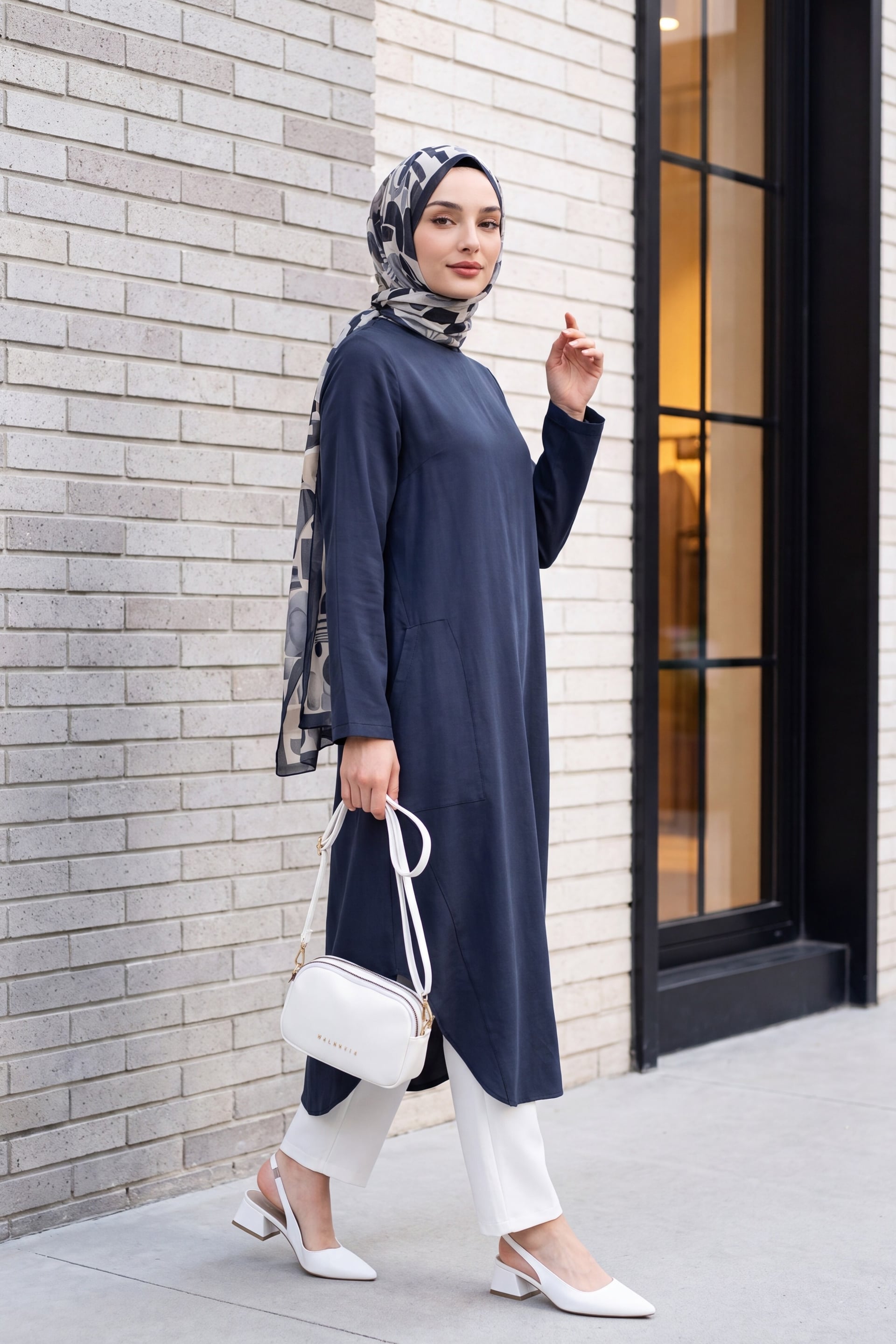 Long Sleeve Rayon Tunic with Pockets and Side Slits - Smoky Navy - Podyumplus - by Peralane - photo 3