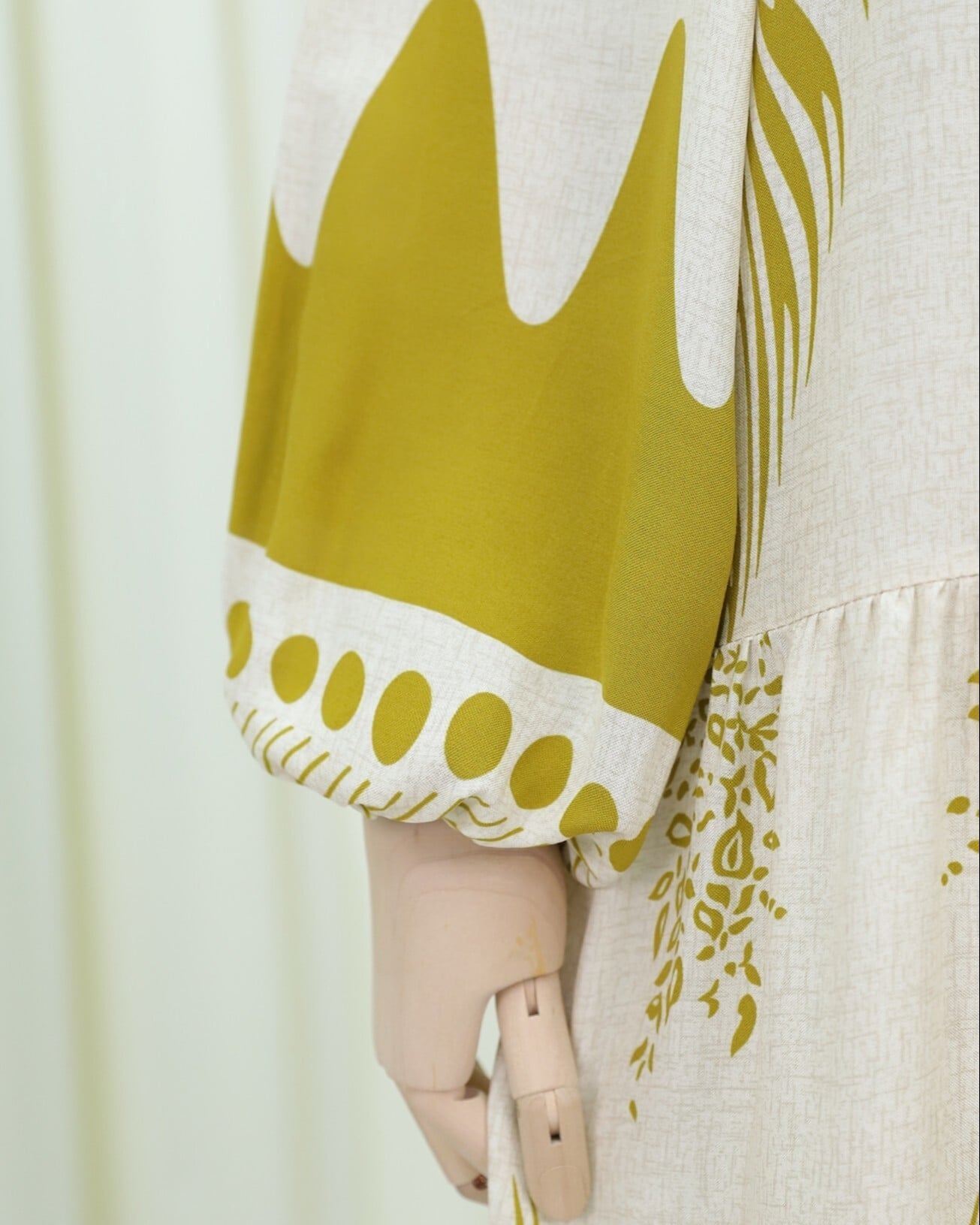 Women's Modest Leaf Print Dress with Stand Collar and Half Button Placket - Cream - Podyumplus - by Peralane - photo 4