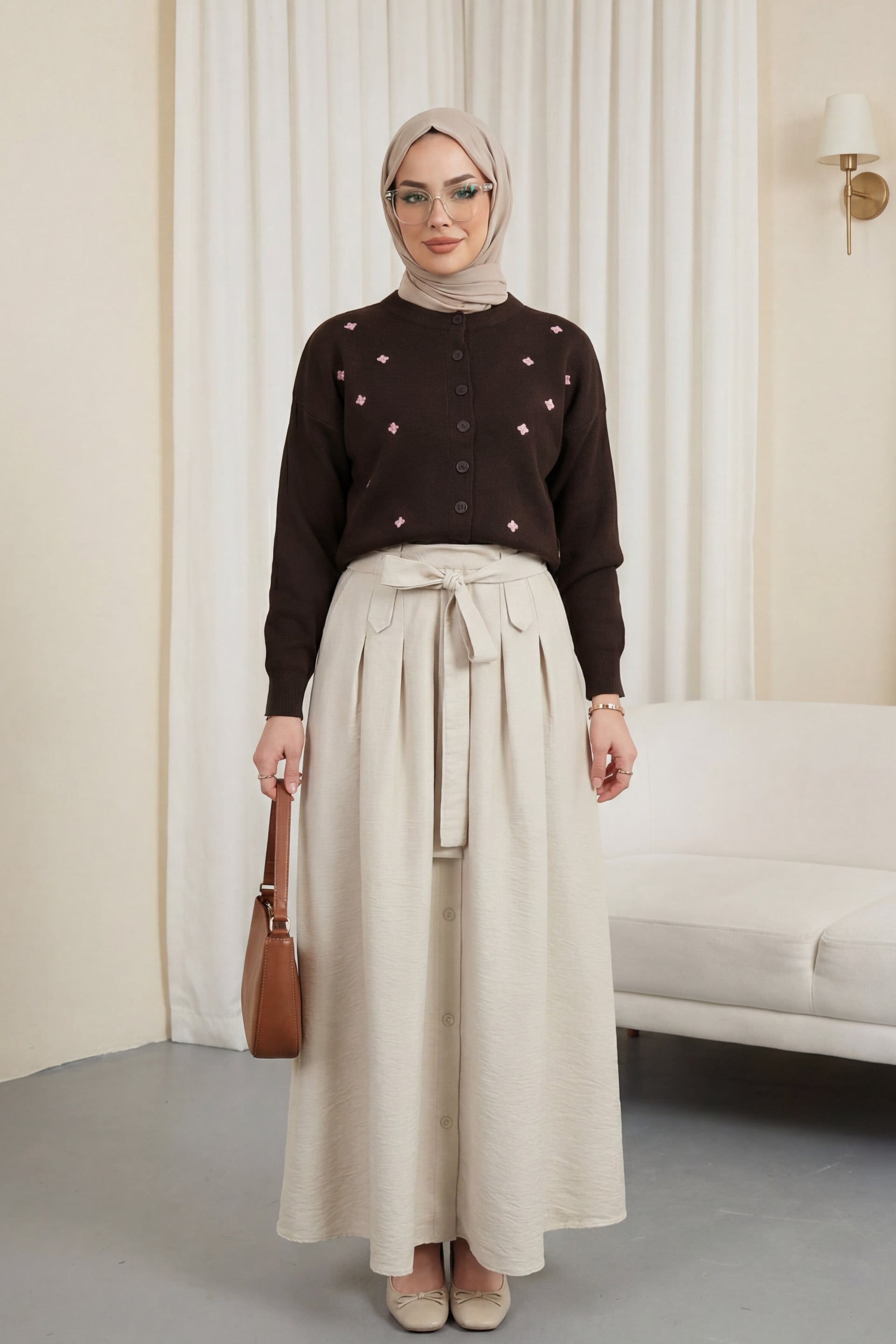 Dark Brown Oversize Knit Cardigan with Scattered Floral Embroidery - Podyumplus - by Peralane - photo 2