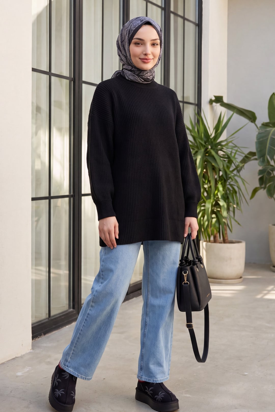 Round Neck Relaxed Fit Knit Tunic - Black - Podyumplus - by Peralane