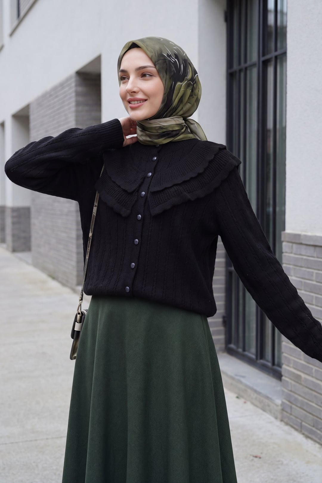 Black Knit Cardigan with Ruffled Collar and Button Front - Podyumplus - by Peralane - photo 2