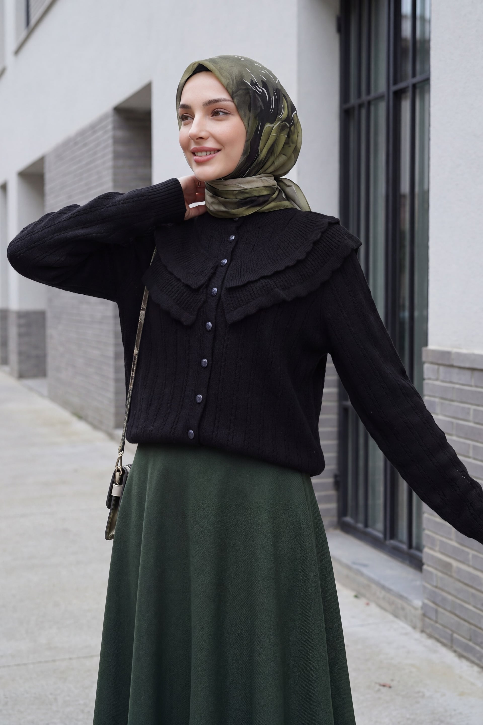 Black Knit Cardigan with Ruffled Collar and Button Front - Podyumplus - by Peralane - photo 2