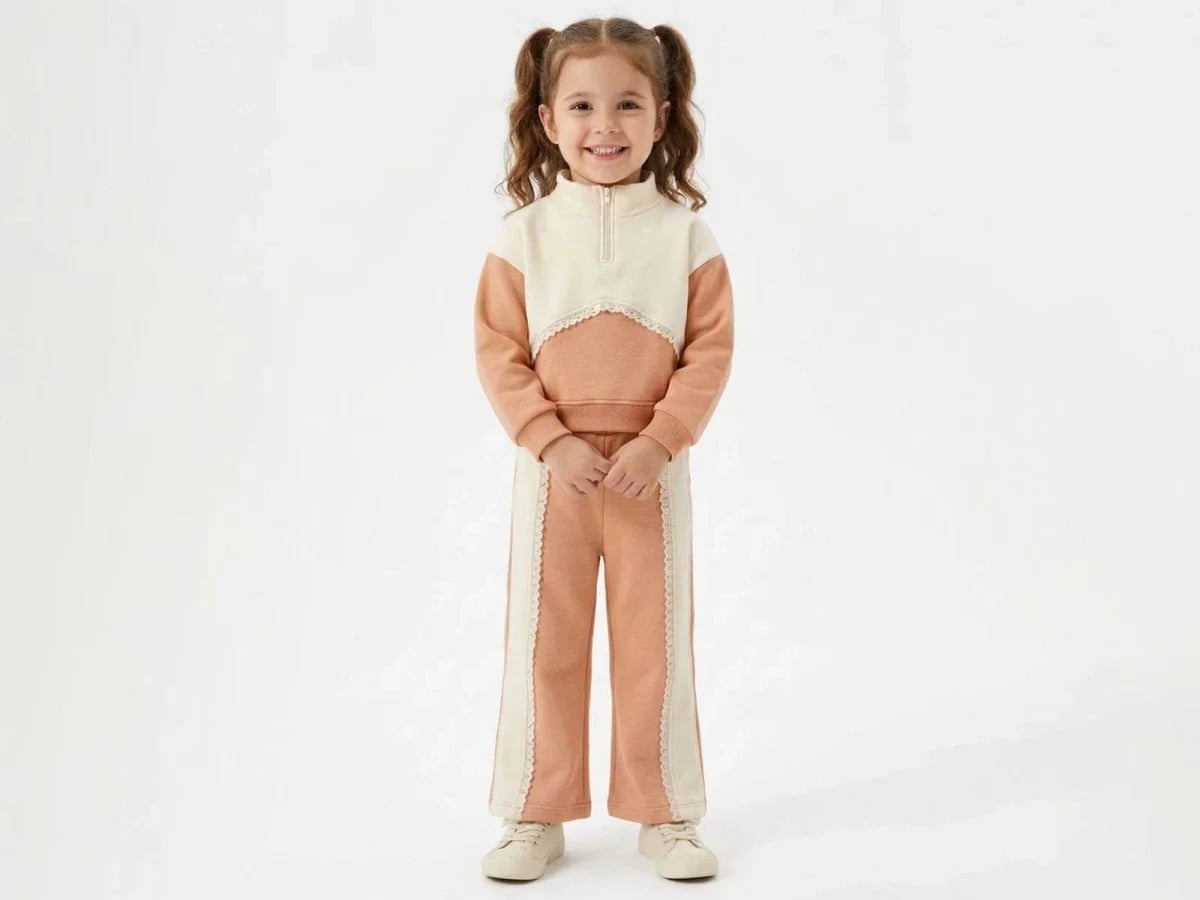 Girls' Zip-Up Lace Trim Sweatshirt and Trousers Set - Vovido - by Peralane