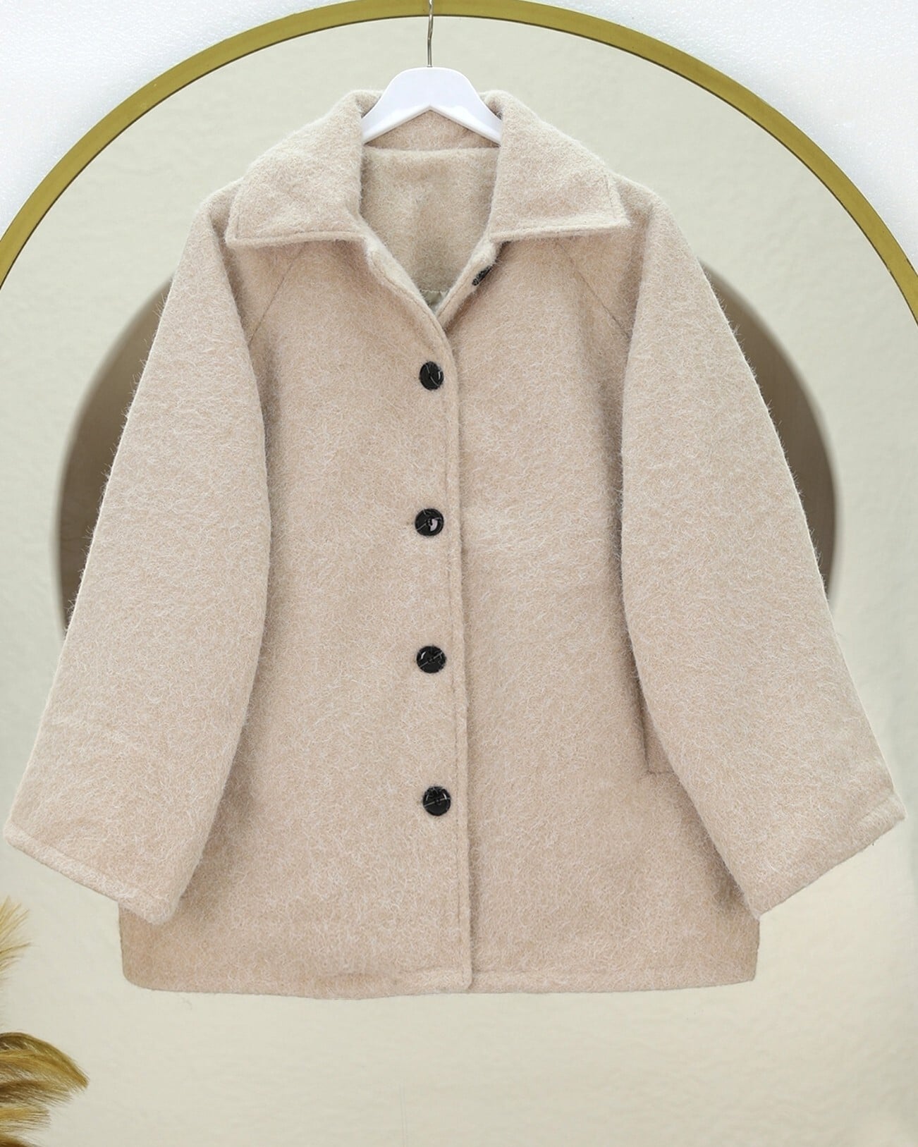 Beige Double-Pocket Button-Front Lined Boucle Jacket - Podyumplus - by Peralane - photo 3