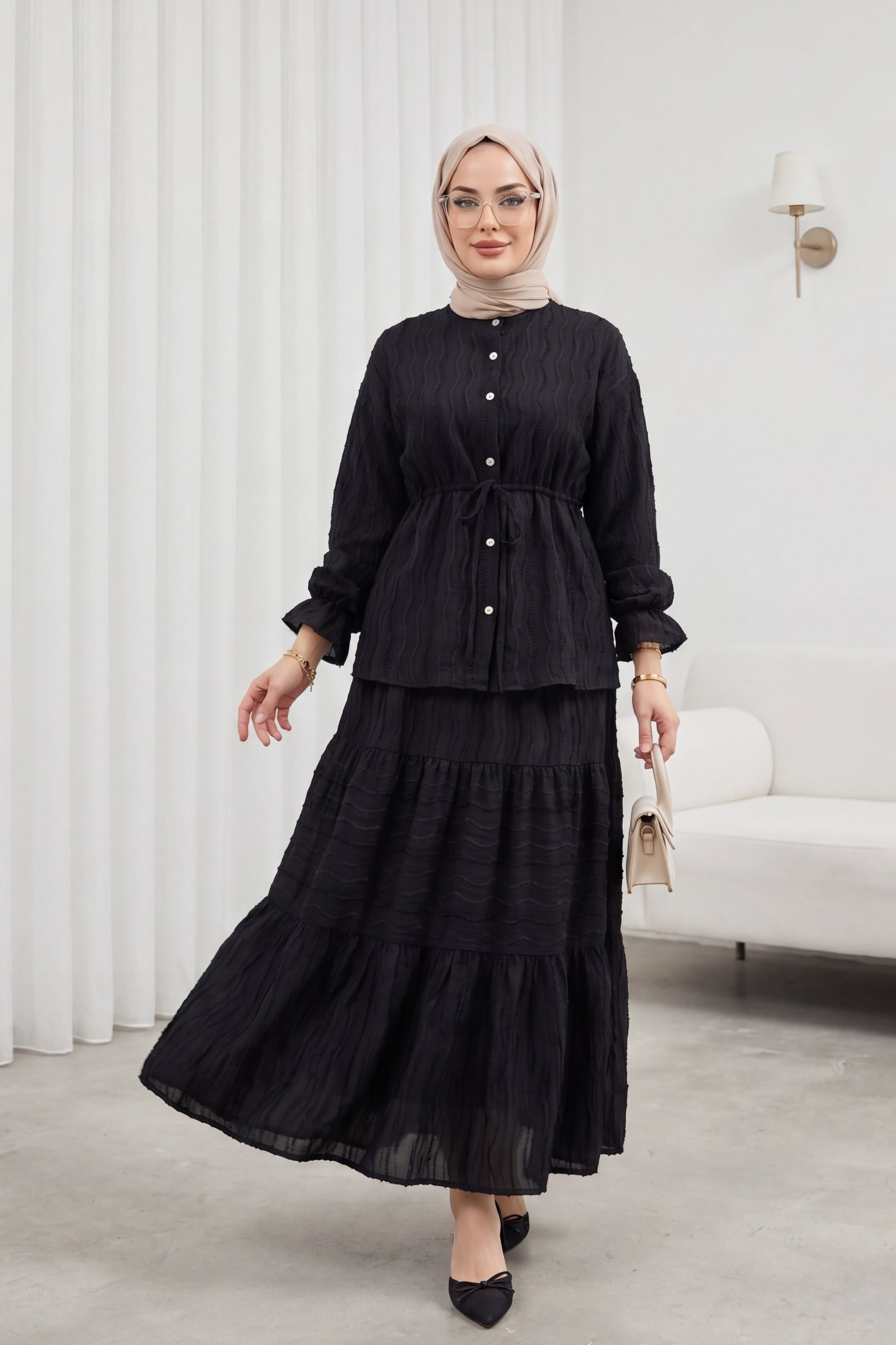Black Lace-Trimmed Two-Piece Set with Button-Front Blouse and Tiered Skirt - Podyumplus - by Peralane