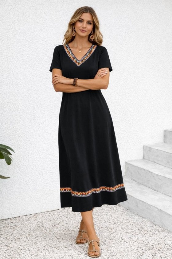 Women's Short Sleeve V-Neck Ethnic Stripe Detail Maxi Viscose Dress - Janes - by Peralane - photo 3