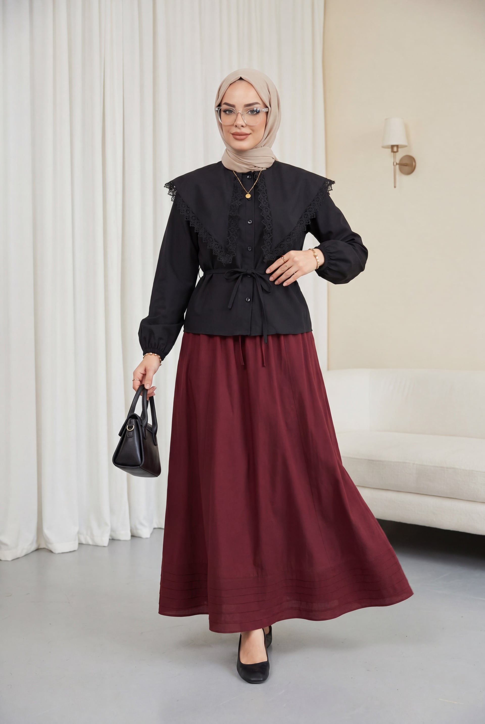 Lace Trim Wide Collar Tie Waist Poplin Blouse - Black - Podyumplus - by Peralane - photo 2