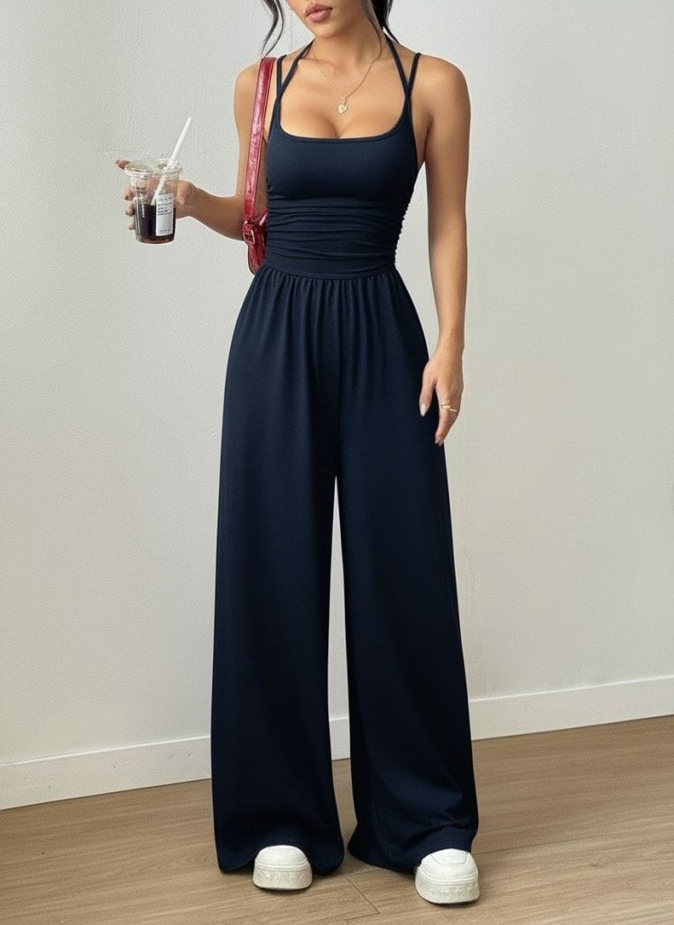 Women's Navy Blue Ribbed Knit Tank Top and Wide-Leg Trouser Loungewear Set - Janes - by Peralane - photo 2