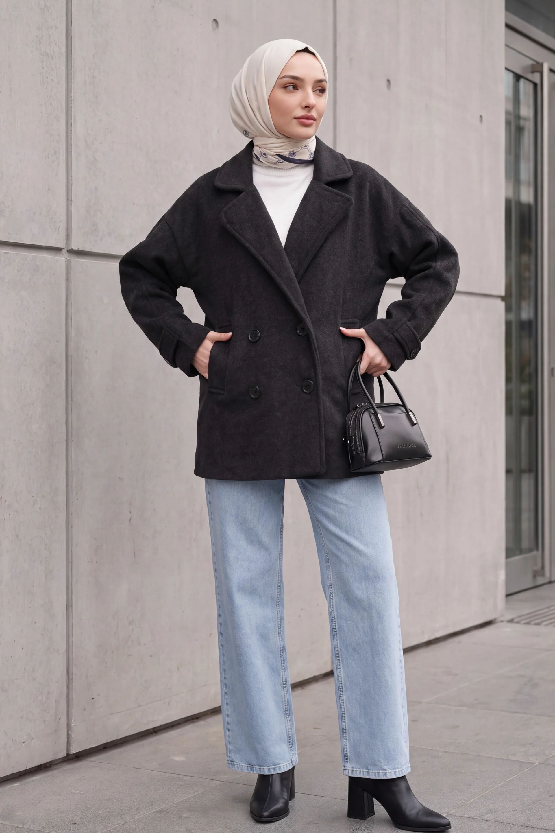 Women's Double-Breasted Notch Lapel Wool Blend Coat - Smoke - Wholeskop - by Peralane - photo 4