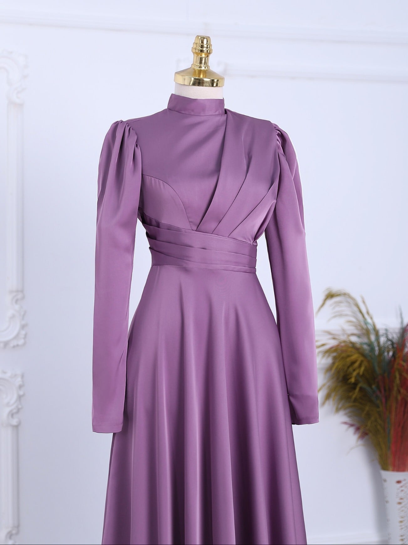Lilac Satin Evening Dress with Draped Front and Back Zipper - Podyumplus - by Peralane