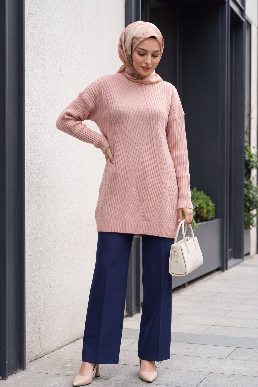 Diamond Pattern Knit Tunic Sweater - Dusty Pink - Podyumplus - by Peralane - photo 4