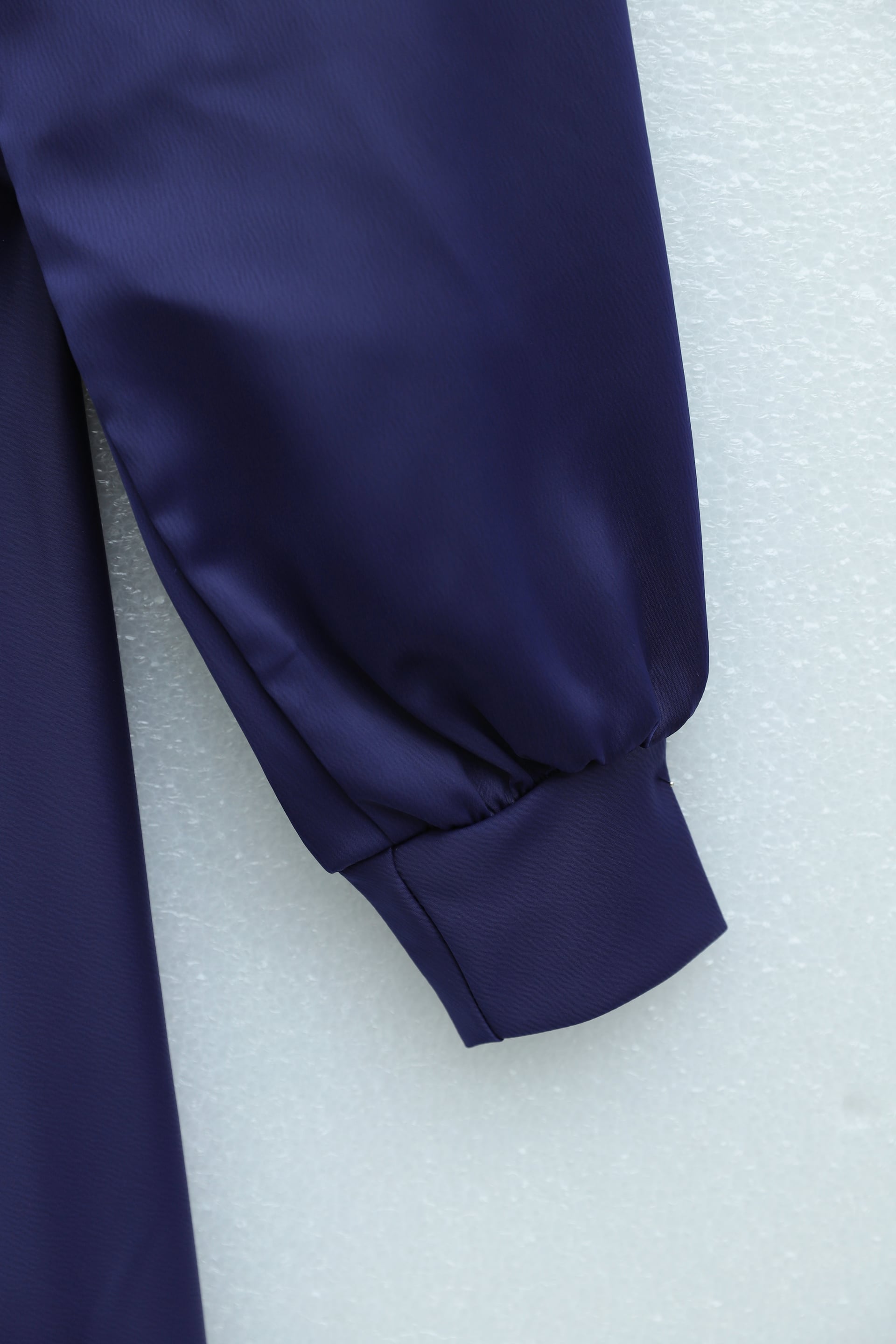 Women's Navy Cross-Tie Round Neck Satin Dress with Long Balloon Sleeves - Podyumplus - by Peralane - photo 5