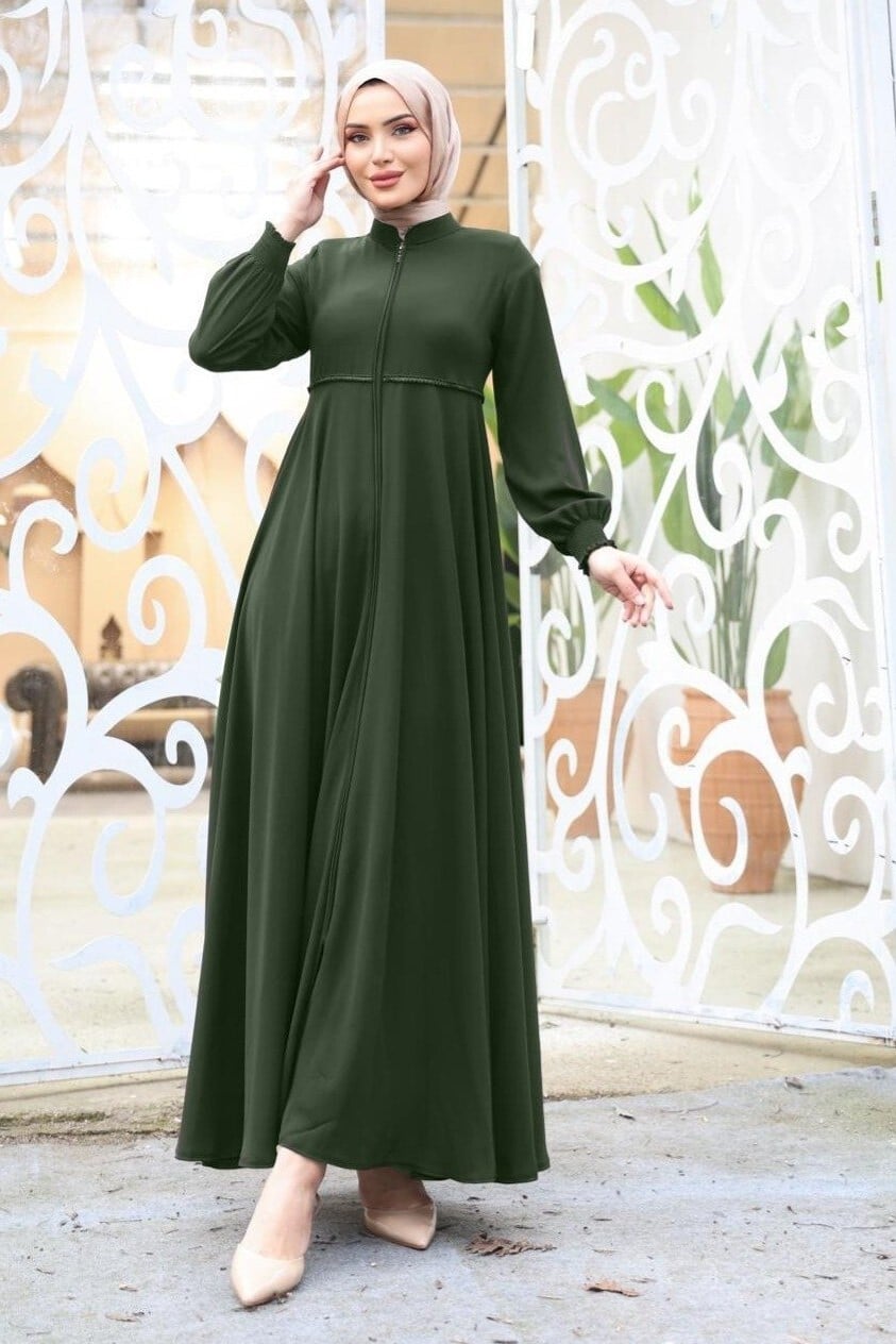 Ruffled Waist Padded Shoulder Abaya with Elasticated Cuffs - Khaki - Podyumplus - by Peralane