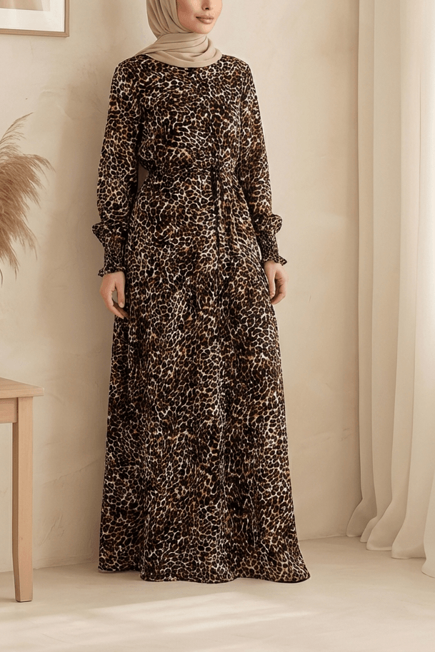 Leopard Print Modest Maxi Dress with Belt - Brown - Bigdart - by Peralane