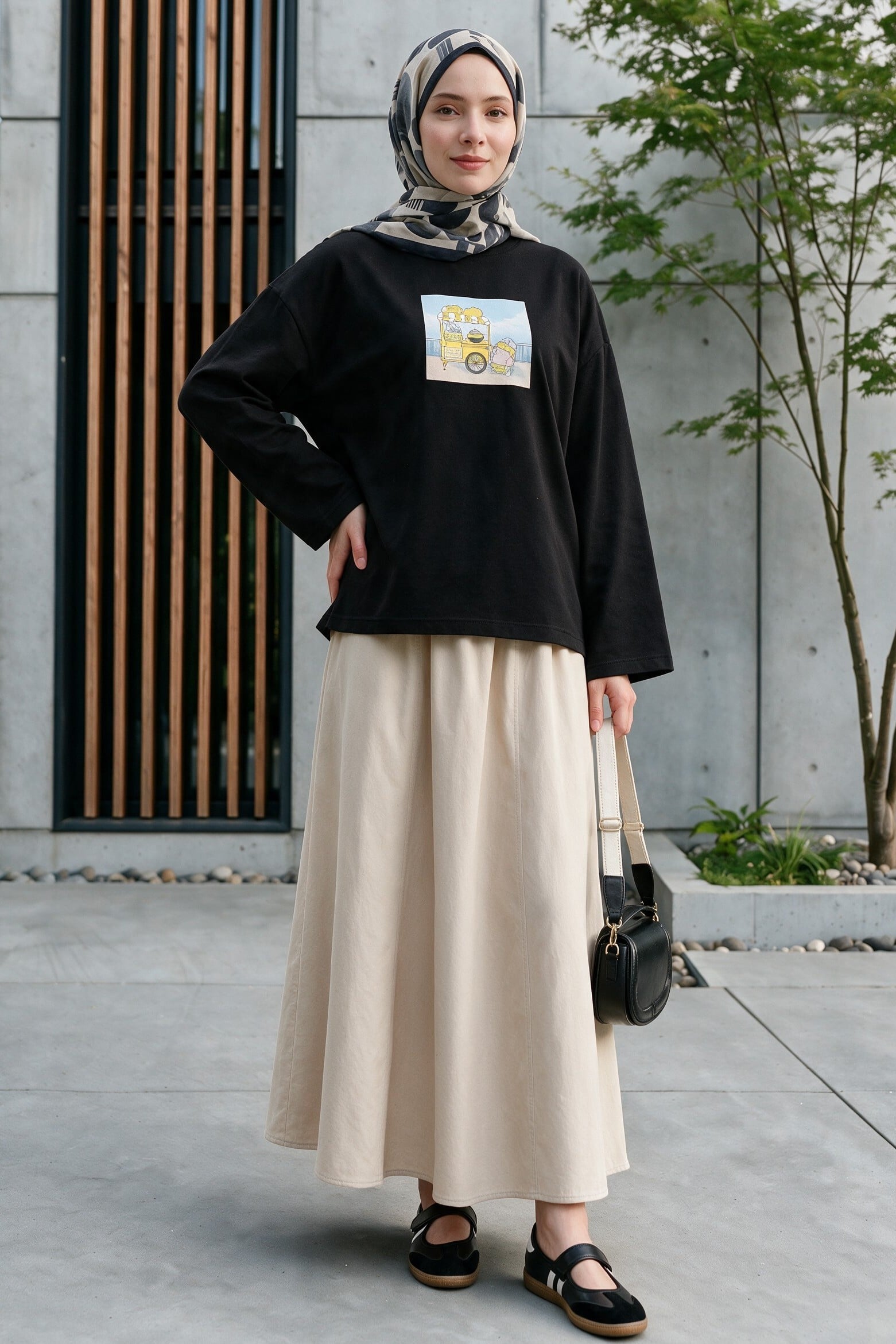 Black Crew Neck Printed Swing Sweatshirt - Podyumplus - by Peralane - photo 5