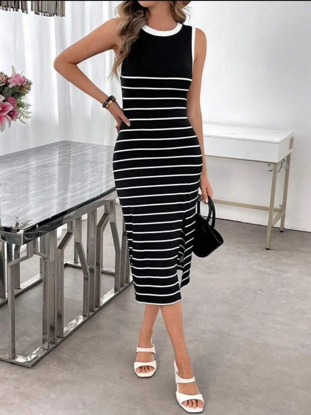 Women's Sleeveless Round Neck Striped Midi Knit Dress with Side Slits - Janes - by Peralane - photo 2