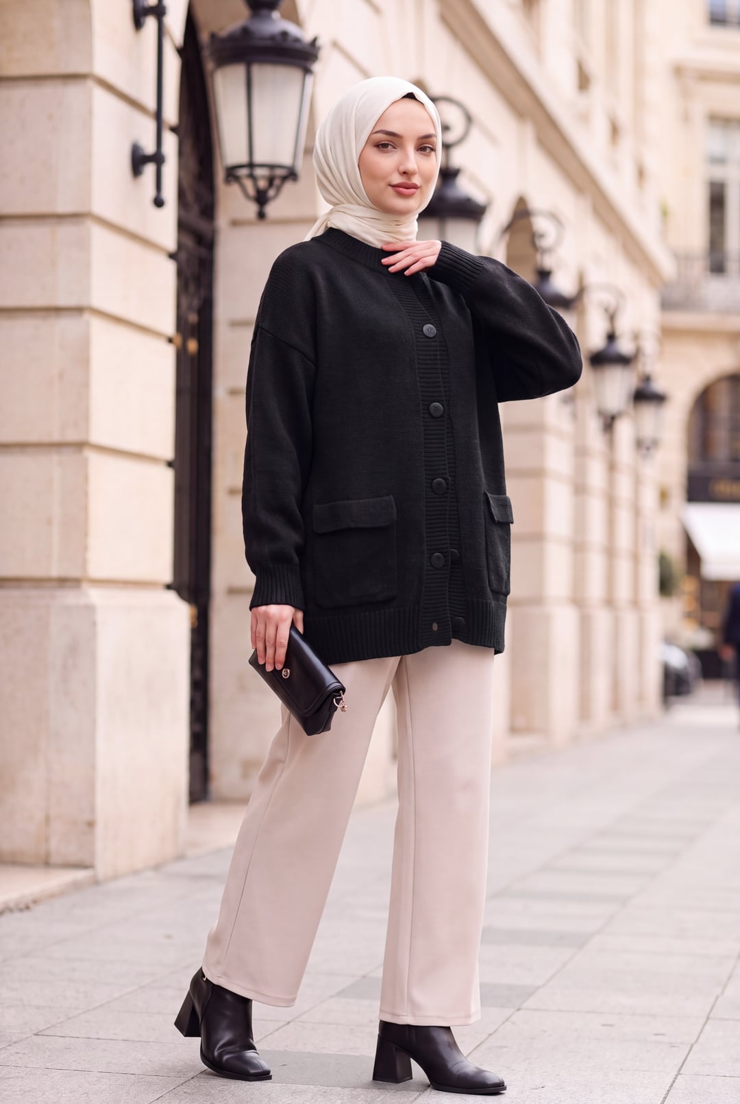 Double Pocket Half-Collar Buttoned Oversized Knit Cardigan - Black - Podyumplus - by Peralane - photo 3