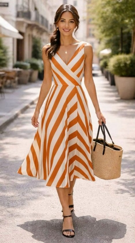 Women's Sleeveless V-Neck Wrap Midi Dress with Orange and White Stripes - Janes - by Peralane