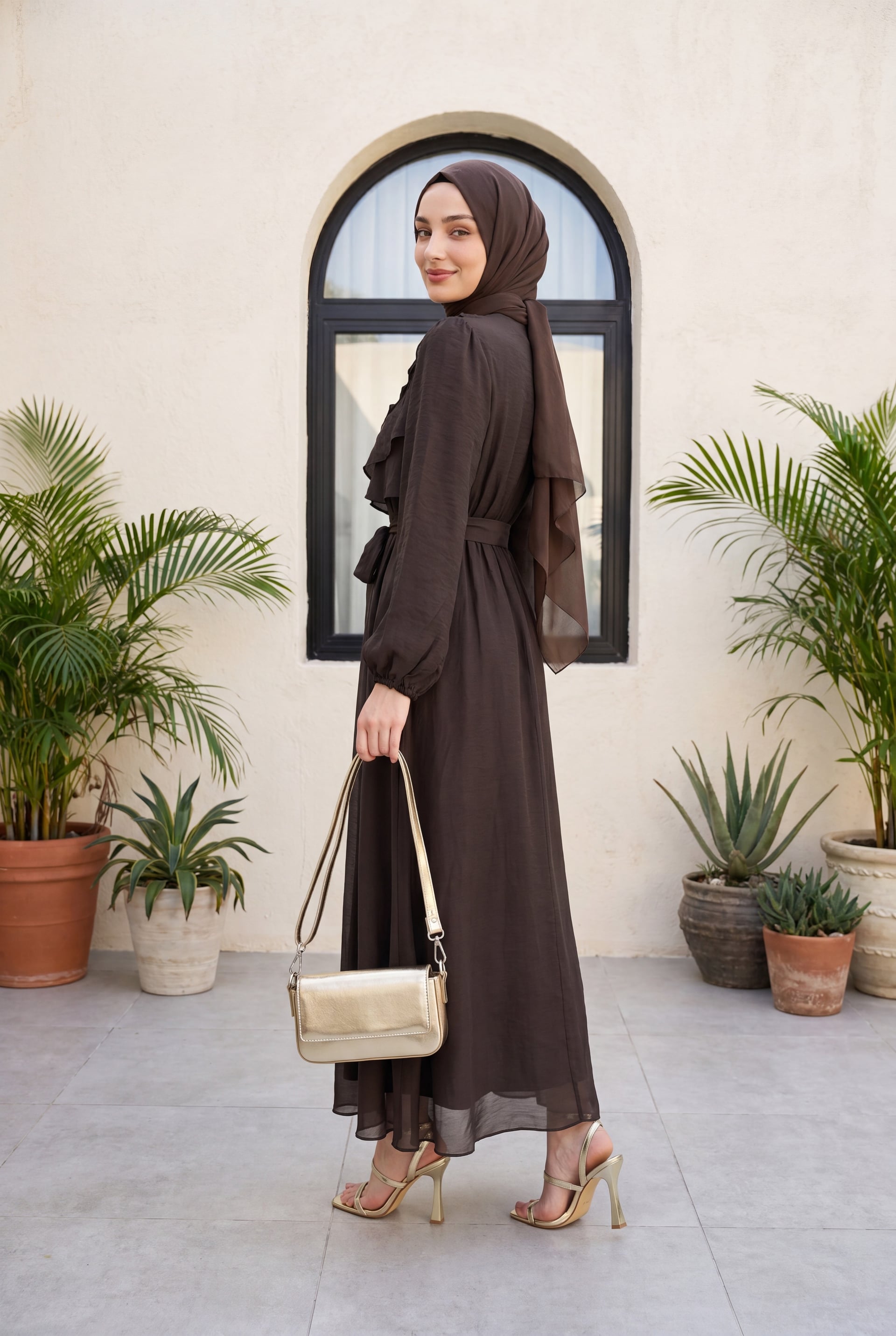 Dark Brown Tiered Ruffle Midi Dress with Balloon Sleeves and Tie Belt - Podyumplus - by Peralane - photo 5