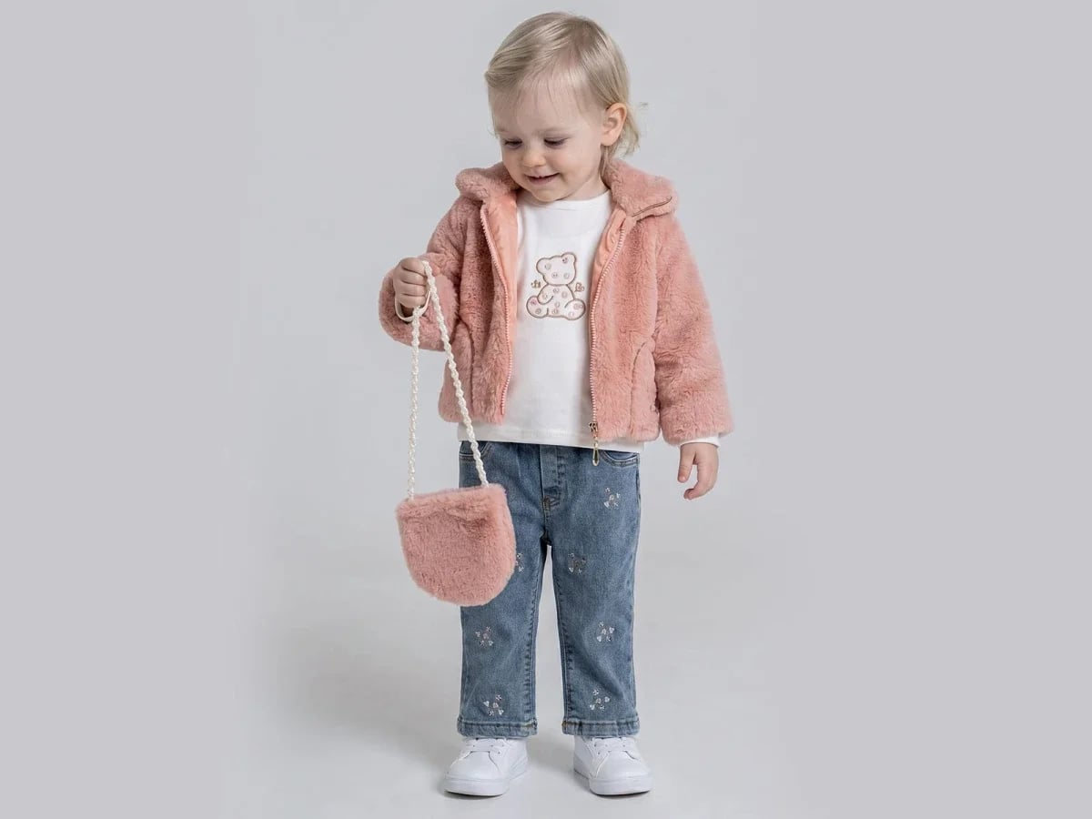 Girls' 3-Piece Faux Fur Jacket, T-Shirt and Jeans Set with Bag - Pampal Kids - by Peralane