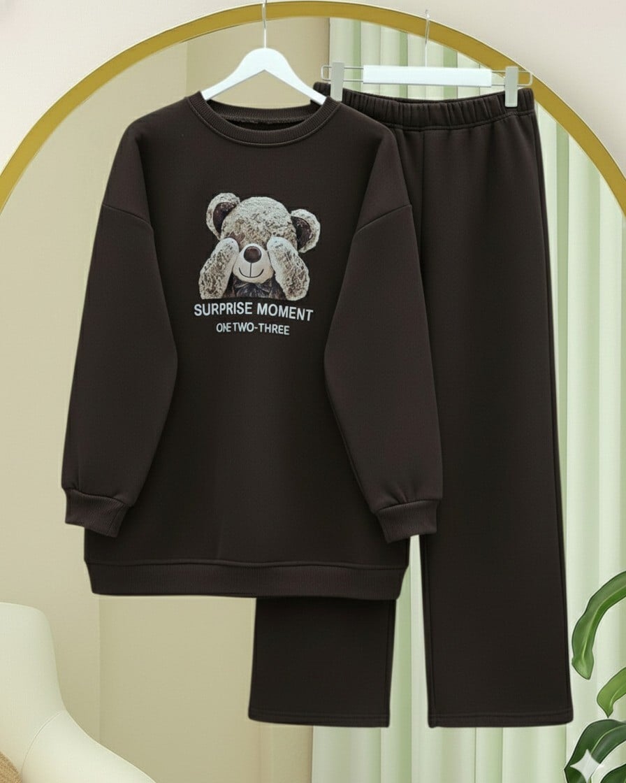 Brown Teddy Bear Print Fleece Sweatshirt and Jogger Set for Women - Podyumplus - by Peralane - photo 3