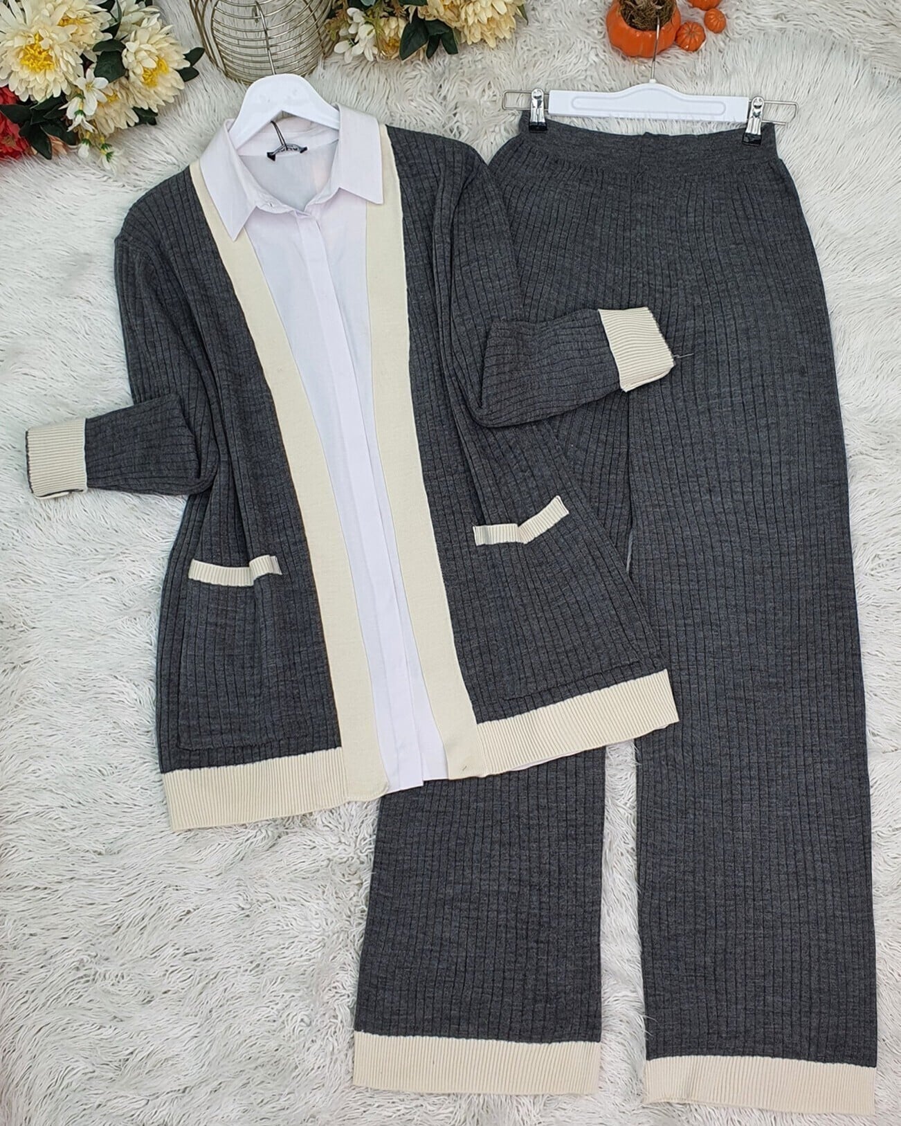 Ribbed Knit Cardigan, Shirt and Trousers Set - Smoke Grey - Podyumplus - by Peralane - photo 2