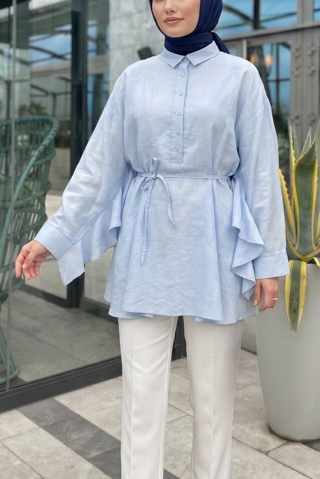 Buttoned Belted Batwing Sleeve Frill Oversize Modal Tunic - Baby Blue - Podyumplus - by Peralane