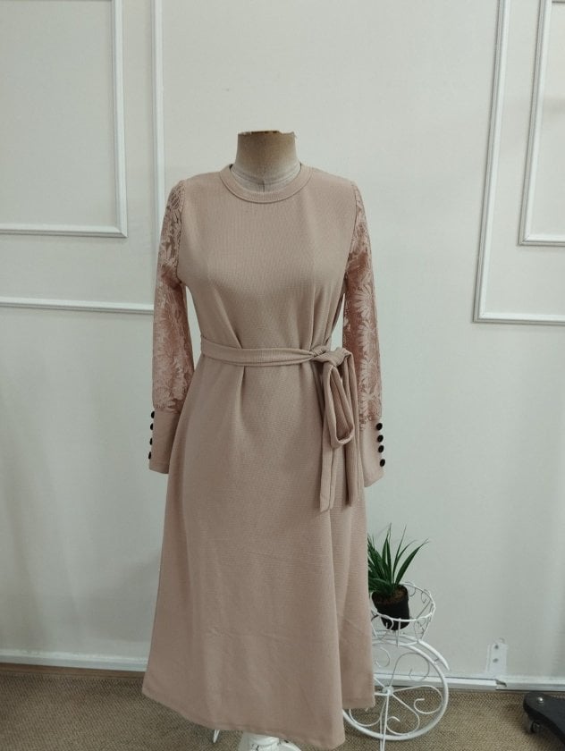 Women's Long-Sleeved Round Neck Tie Waist Midi Waffle Dress - Janes - by Peralane - photo 4