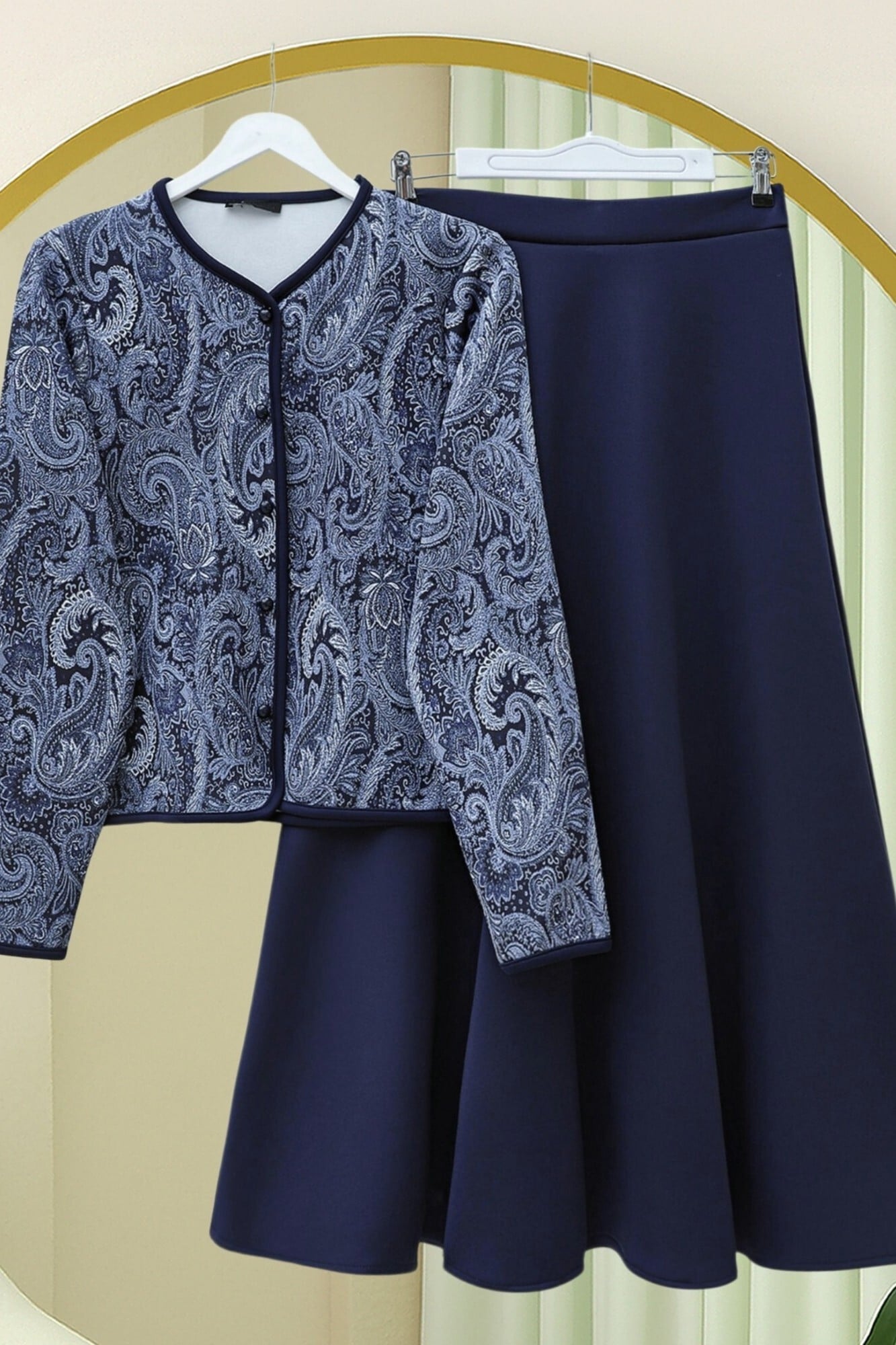 Navy Blue Ethnic Print Scuba Two-Piece Set with Jacket and Skirt - Podyumplus - by Peralane - photo 4