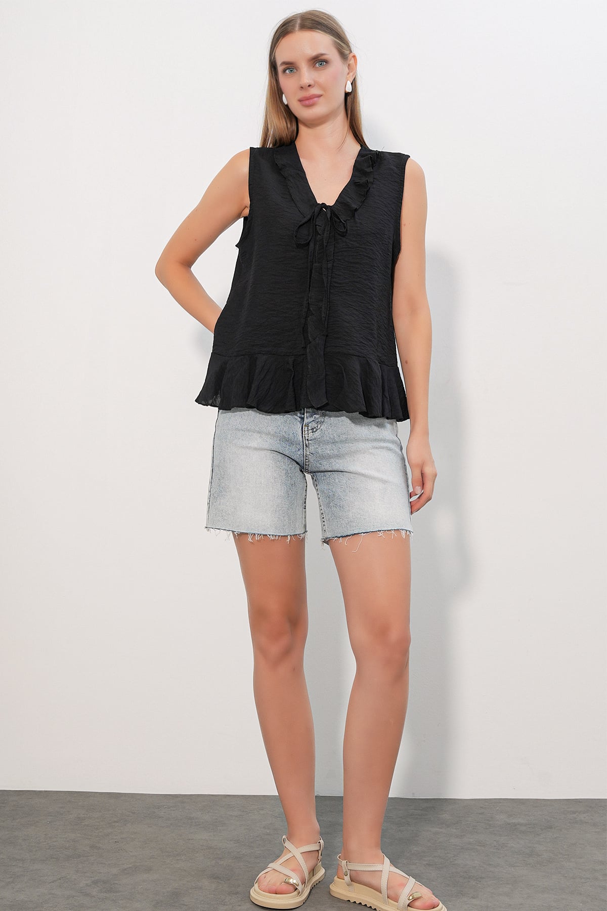 Women's V-Neck Tie Detail Ruffled Blouse 40033 - Black - Bigdart - by Peralane
