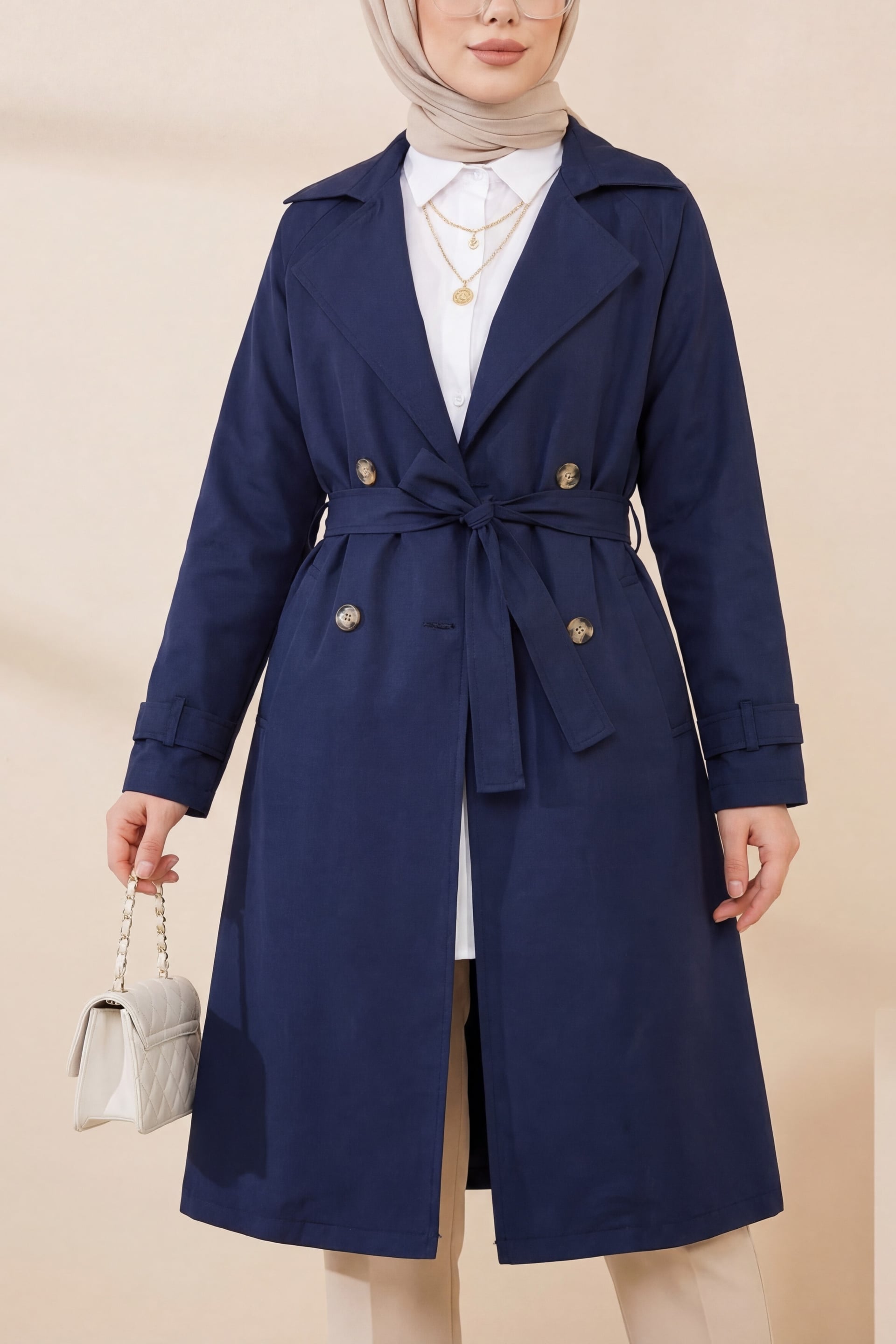 Navy Blue Double-Breasted Trench Coat with Belt - Podyumplus - by Peralane - photo 3