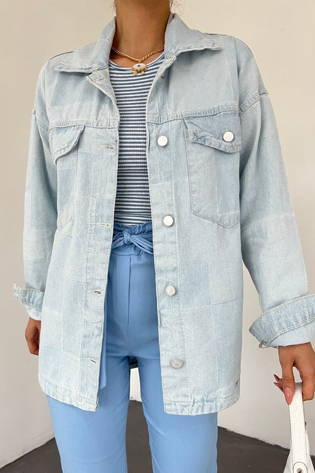 Light Blue Denim Jacket with Collar and Button Flaps - Buz Mavi - Podyumplus - by Peralane