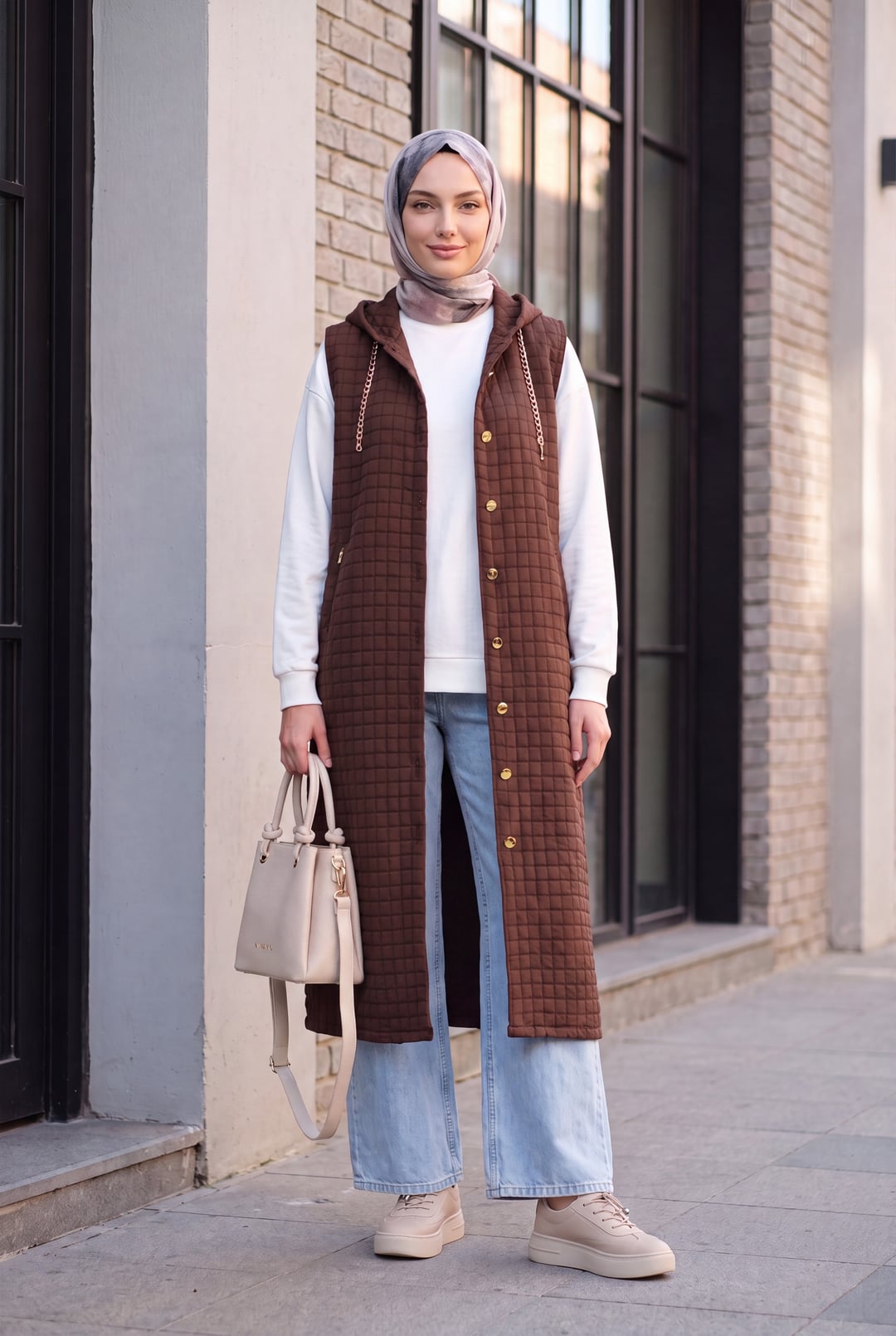Long Quilted Hooded Vest with Full-Length Buttons - Dark Brown - Podyumplus - by Peralane