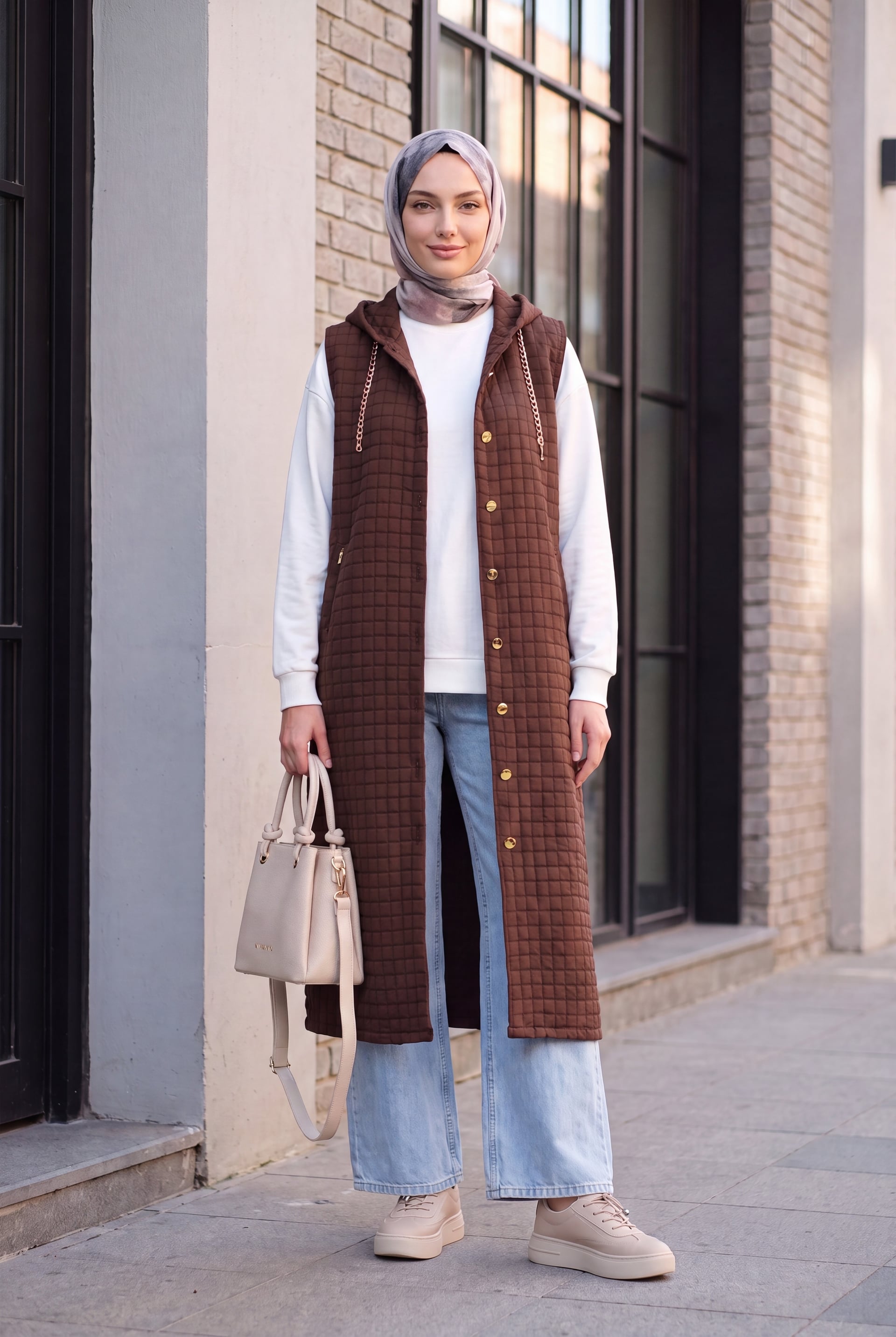 Long Quilted Hooded Vest with Full-Length Buttons - Dark Brown - Podyumplus - by Peralane