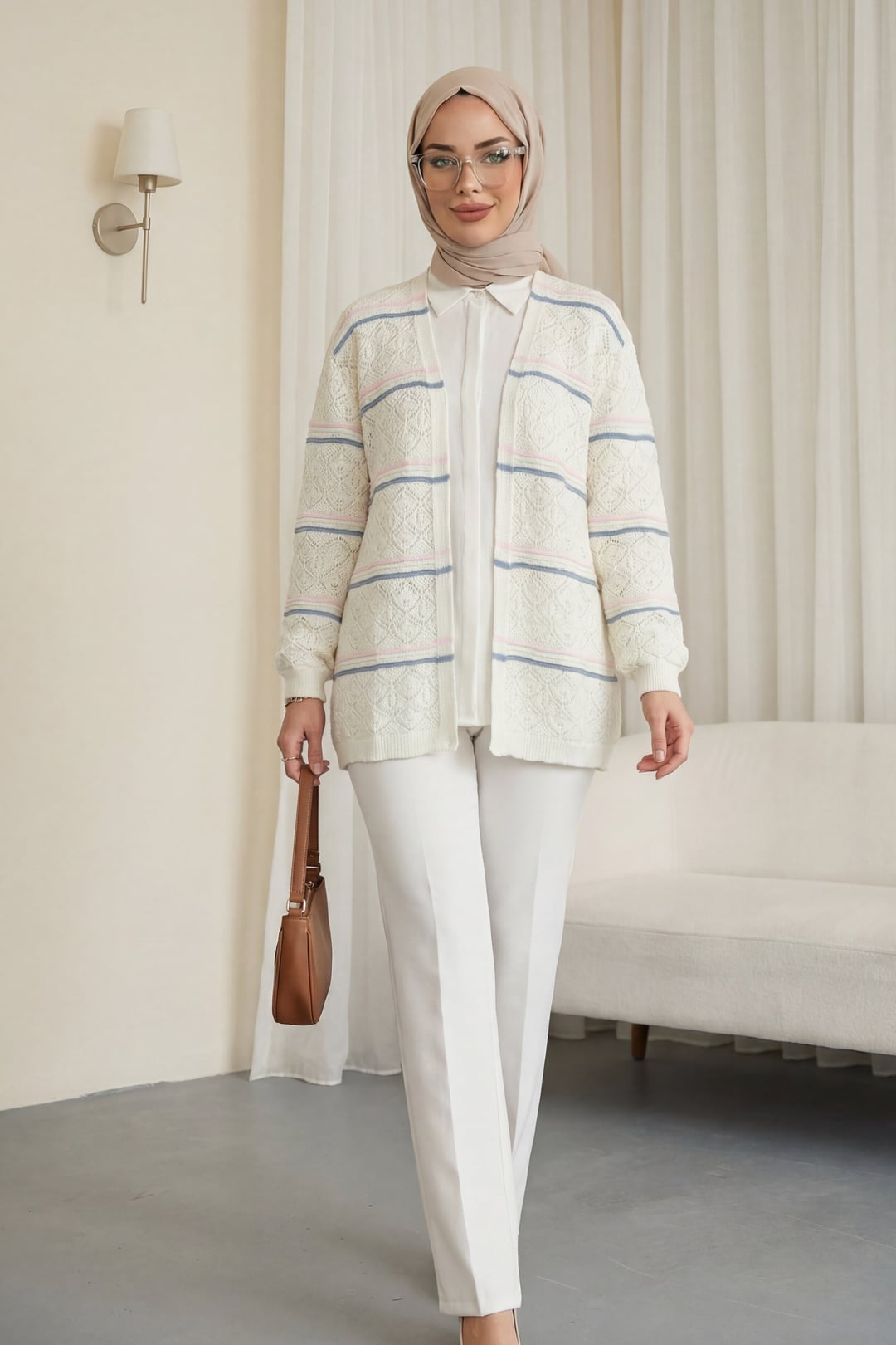 Colorful Striped Open-Front Knit Cardigan - White - Podyumplus - by Peralane