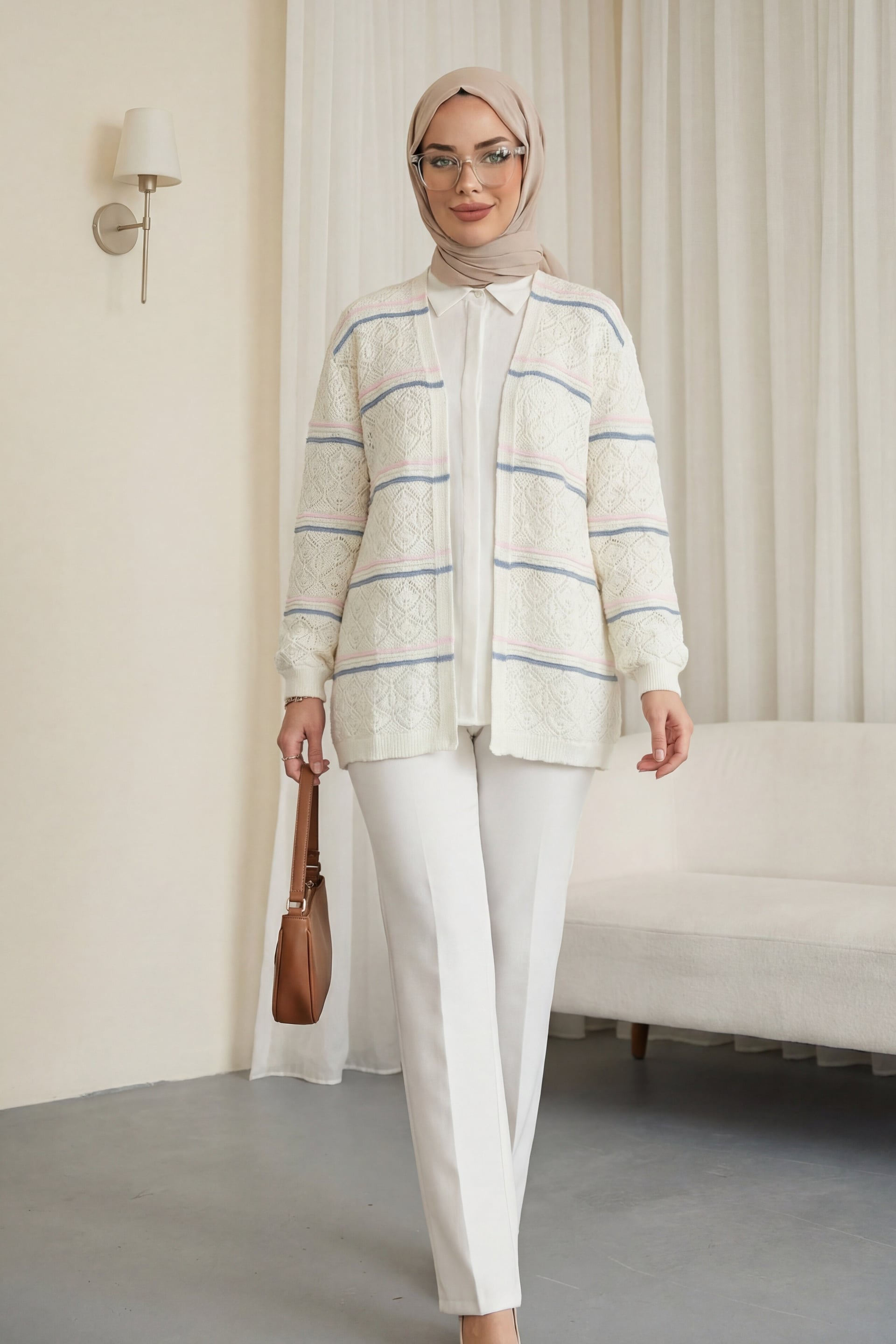 Colorful Striped Open-Front Knit Cardigan - White - Podyumplus - by Peralane
