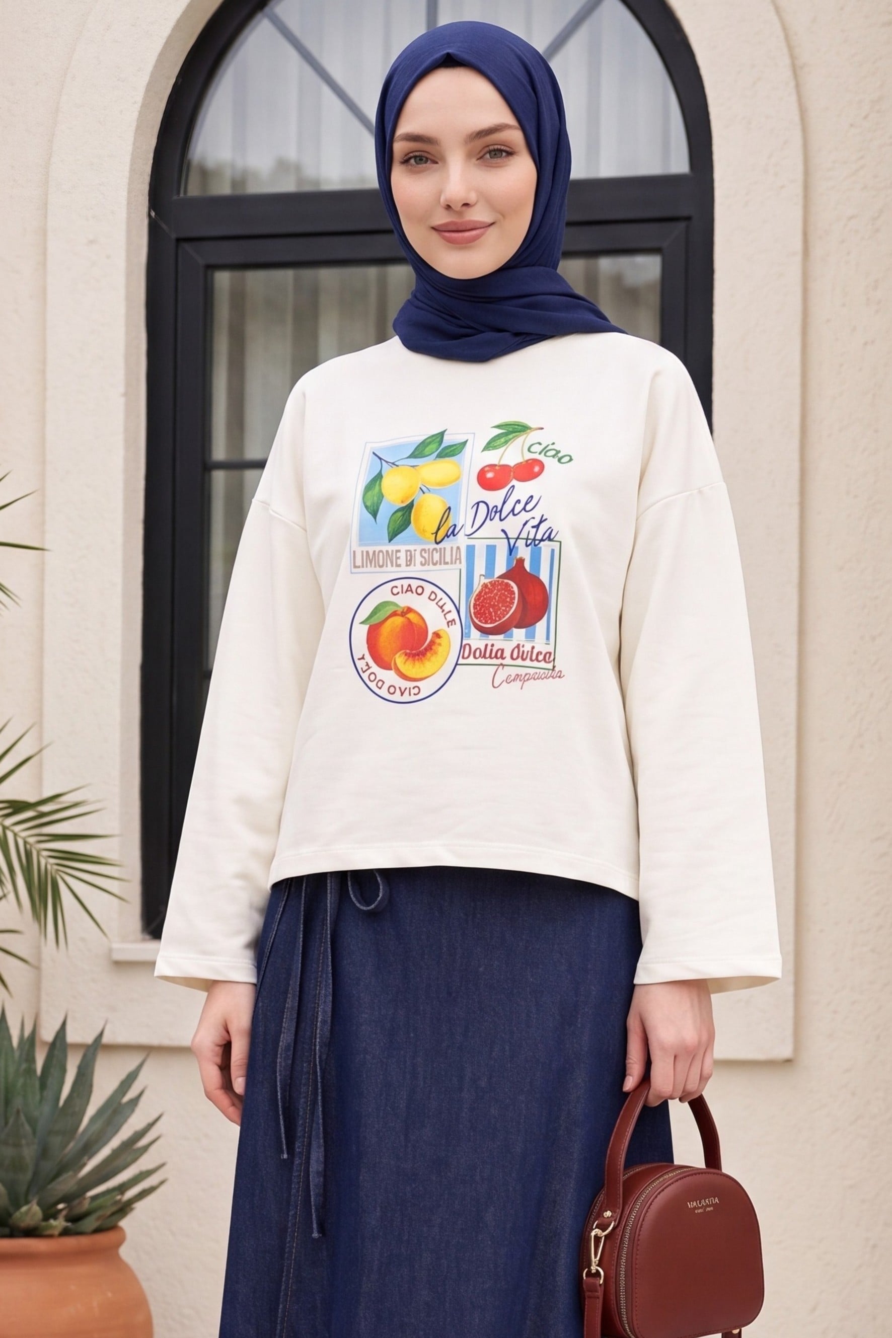 Fruit Print Crew Neck Oversize 2-Thread Cotton Sweatshirt - Yellow - Podyumplus - by Peralane