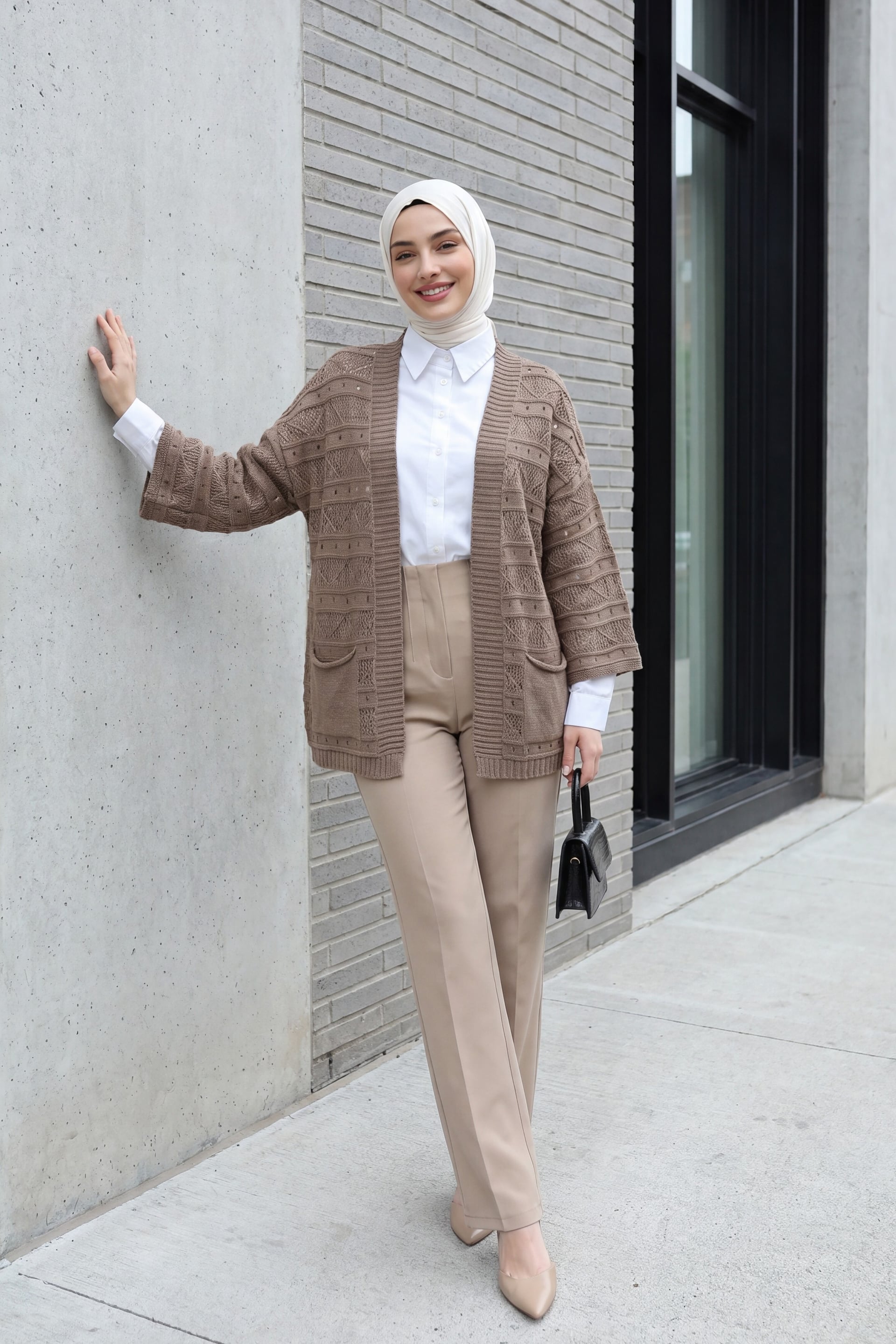 Open-Front Textured Knit Cardigan with Pockets - Light Brown - Podyumplus - by Peralane