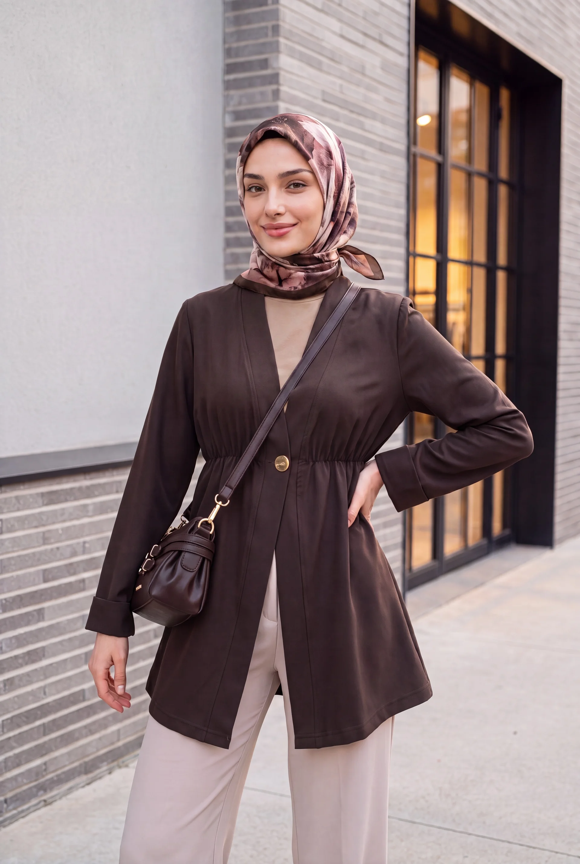 Elasticated Waist Single Button Crepe Kimono Jacket - Dark Brown - Podyumplus - by Peralane - photo 2