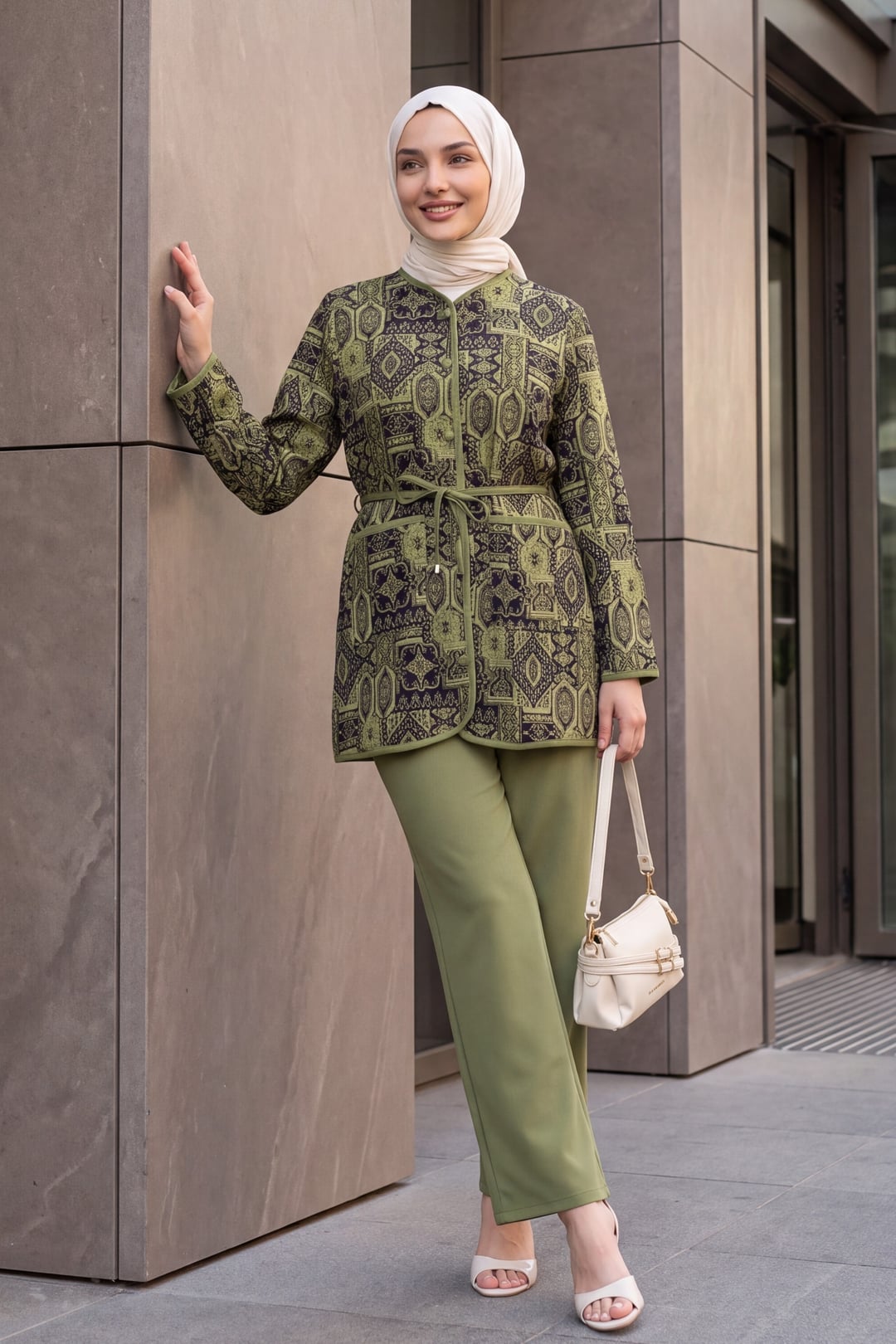 Women's Two-Piece Jacket and Trousers Set with Geometric Print - Olive Green - Podyumplus - by Peralane - photo 3