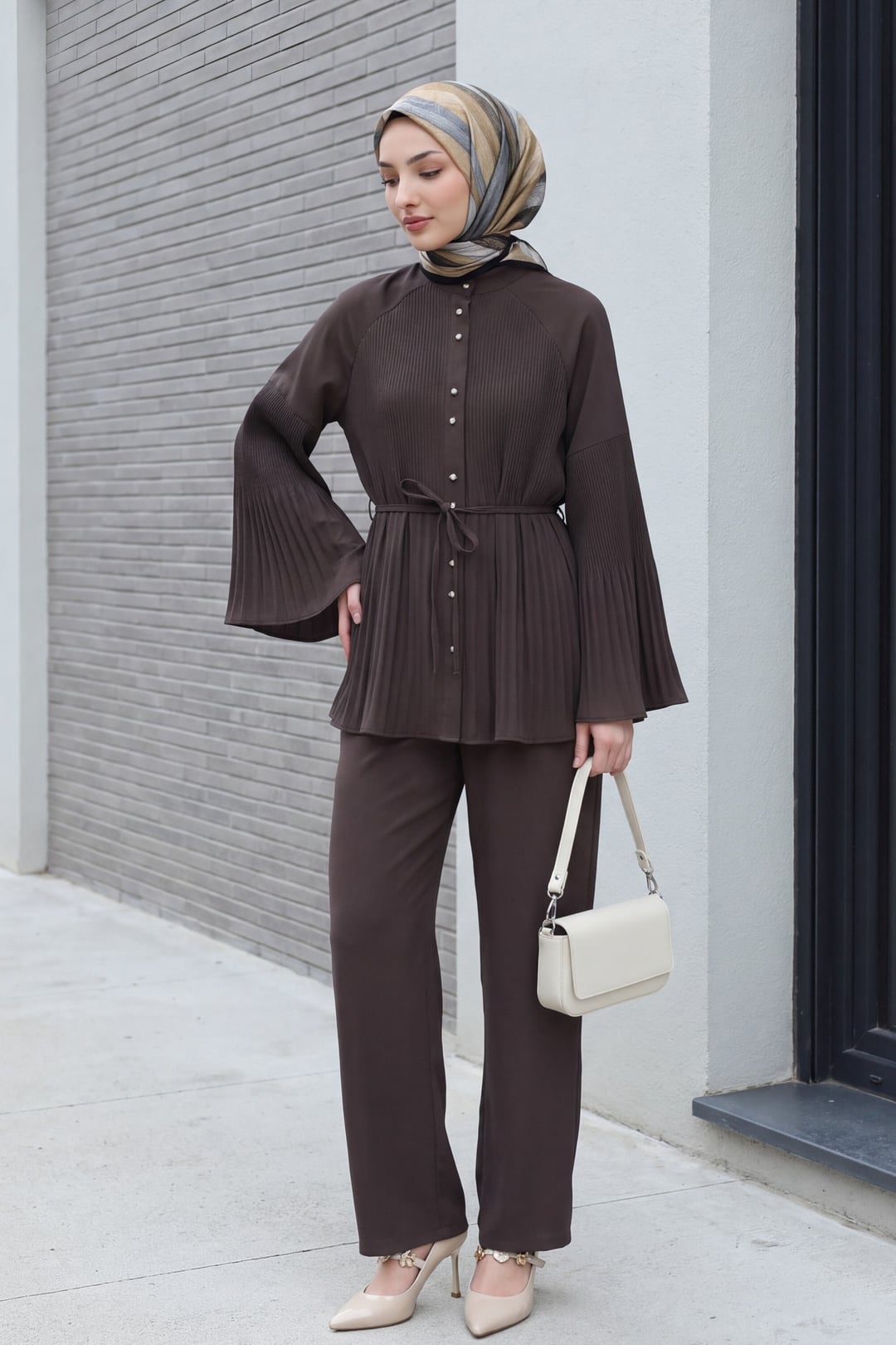 Pleated High-Neck Button Crepe Co-ord Set - Dark Brown - Podyumplus - by Peralane - photo 3