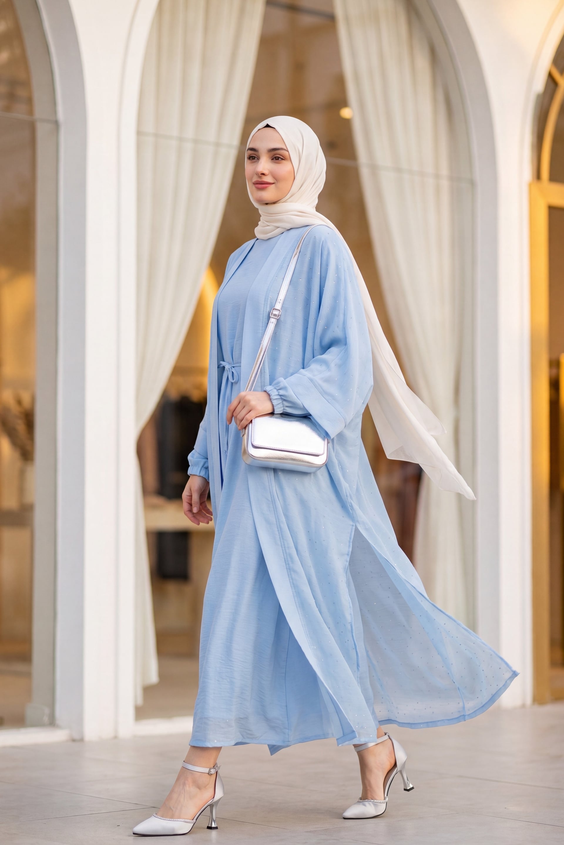 Belted Stone-Detailed Flam Tulle Abaya Set - Baby Blue - Podyumplus - by Peralane - photo 4