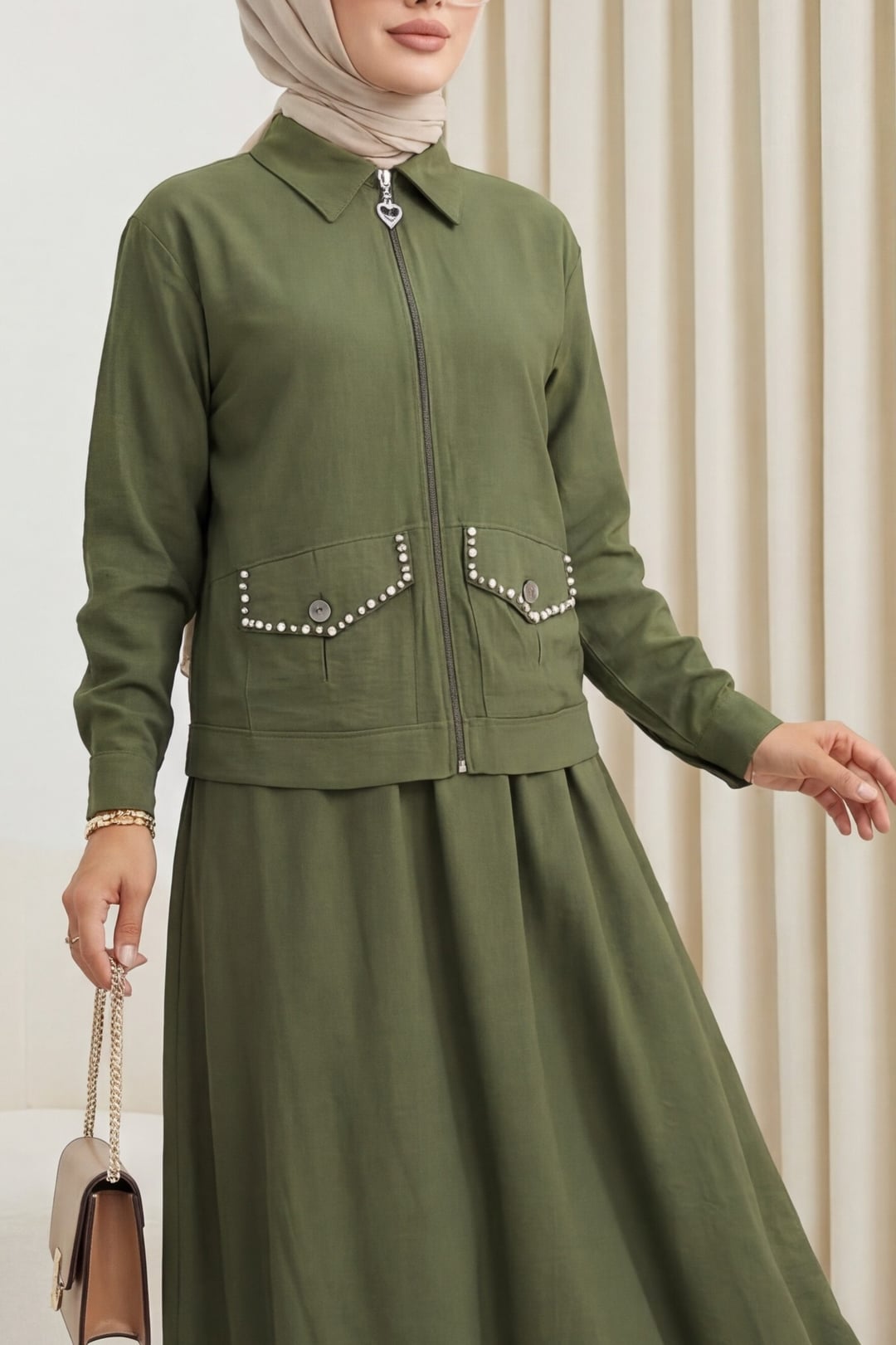 Zip-Front Jacket and Elastic Waist Skirt Set in Olive Green - Podyumplus - by Peralane - photo 2