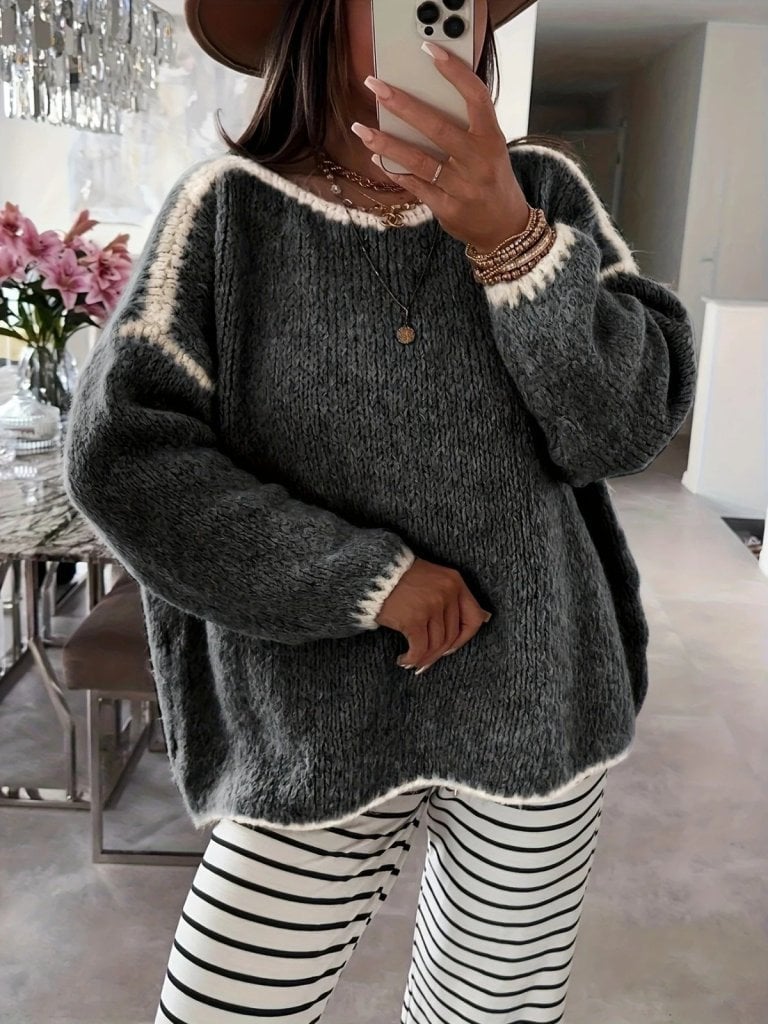 Women's Dark Grey Chunky Knit Sweater with Off-Shoulder Neckline and White Trim - Janes - by Peralane
