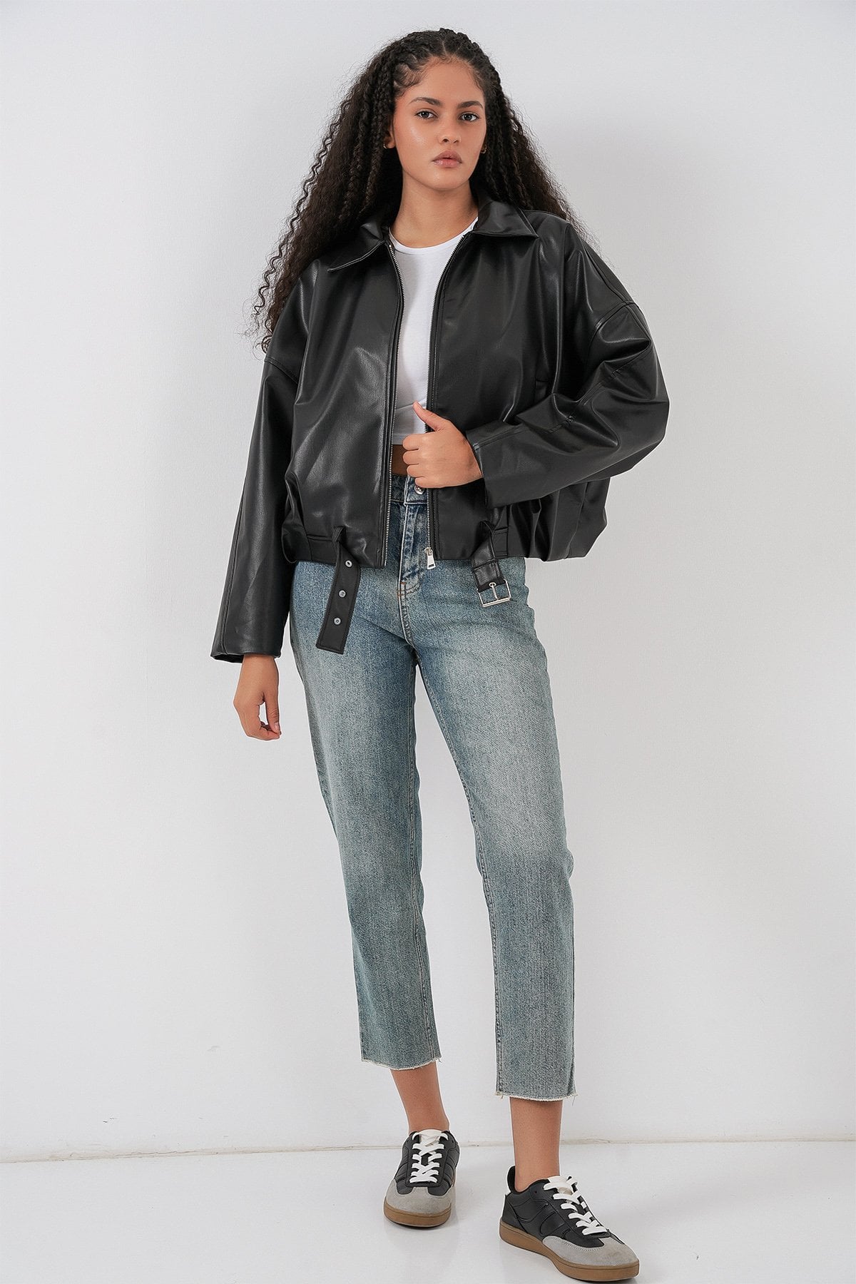Women's Belted Faux Leather Jacket - Black - Bigdart - by Peralane